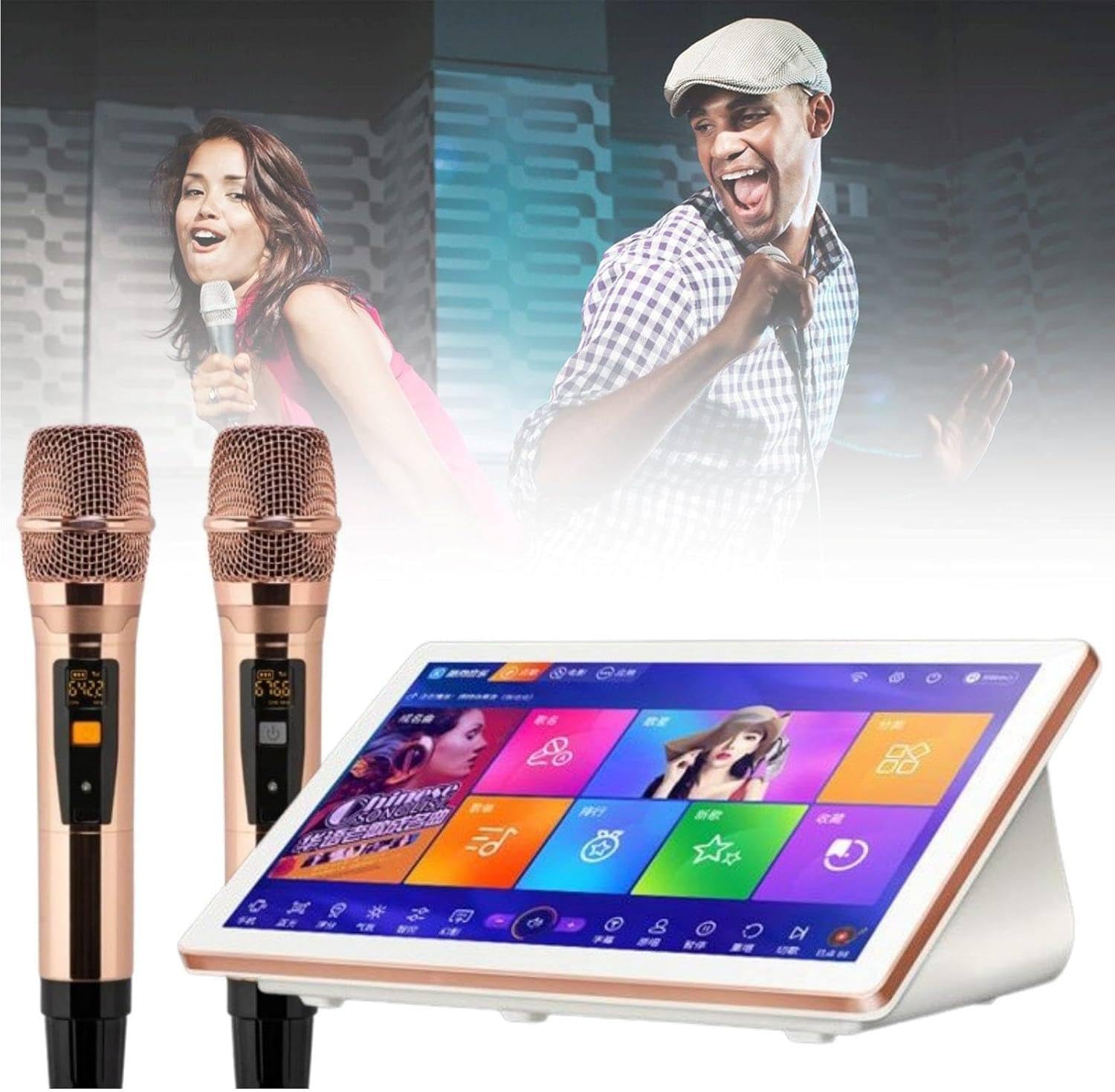 Macchina per karaoke da 18,5 pollici, sistemi portatili per karaoke, lettore karaoke 4K,2 microfoni wireless + telecomando per telefono + supporto per 27 lingue,White-500G