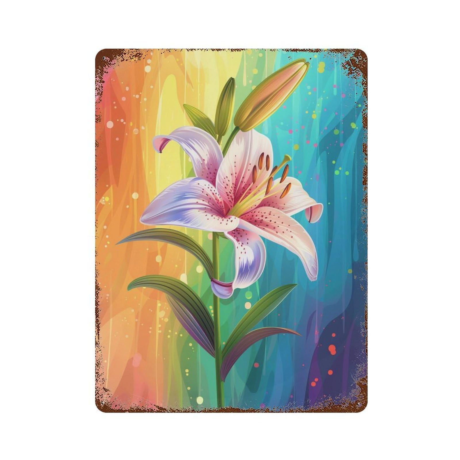 Distressed Metal Wall Sign Rainbow Lily Flower Art Print 15.7"x11.8", Rustic Home Decor for Farmhouse, Kitchen And Entryway Decor