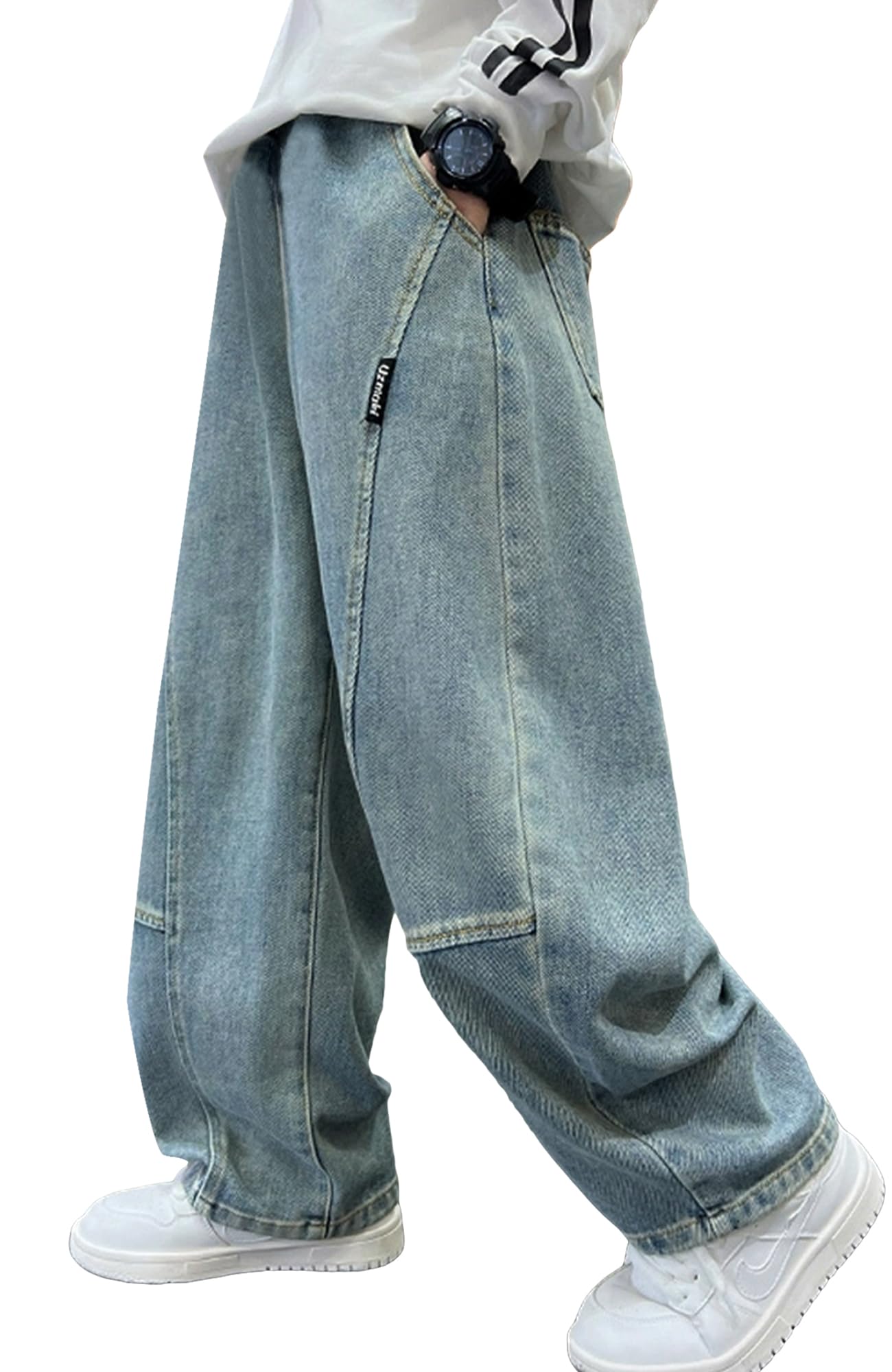 Jeans Baggy Garçons Enfants Pantalon en Denim à Coupe Droite Pantalon en Jean Taille Élastique Jeans Coupe Droit 5-14 Ans