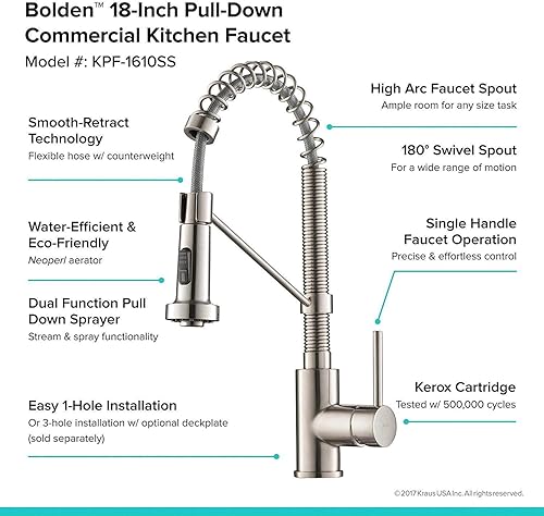 Miniatura 9 de Kraus Bolden Grifo de cocina de estilo comercial de una sola manija con 2 funciones, tirable hacia abajo en acero inoxidable, KPF-1610SS