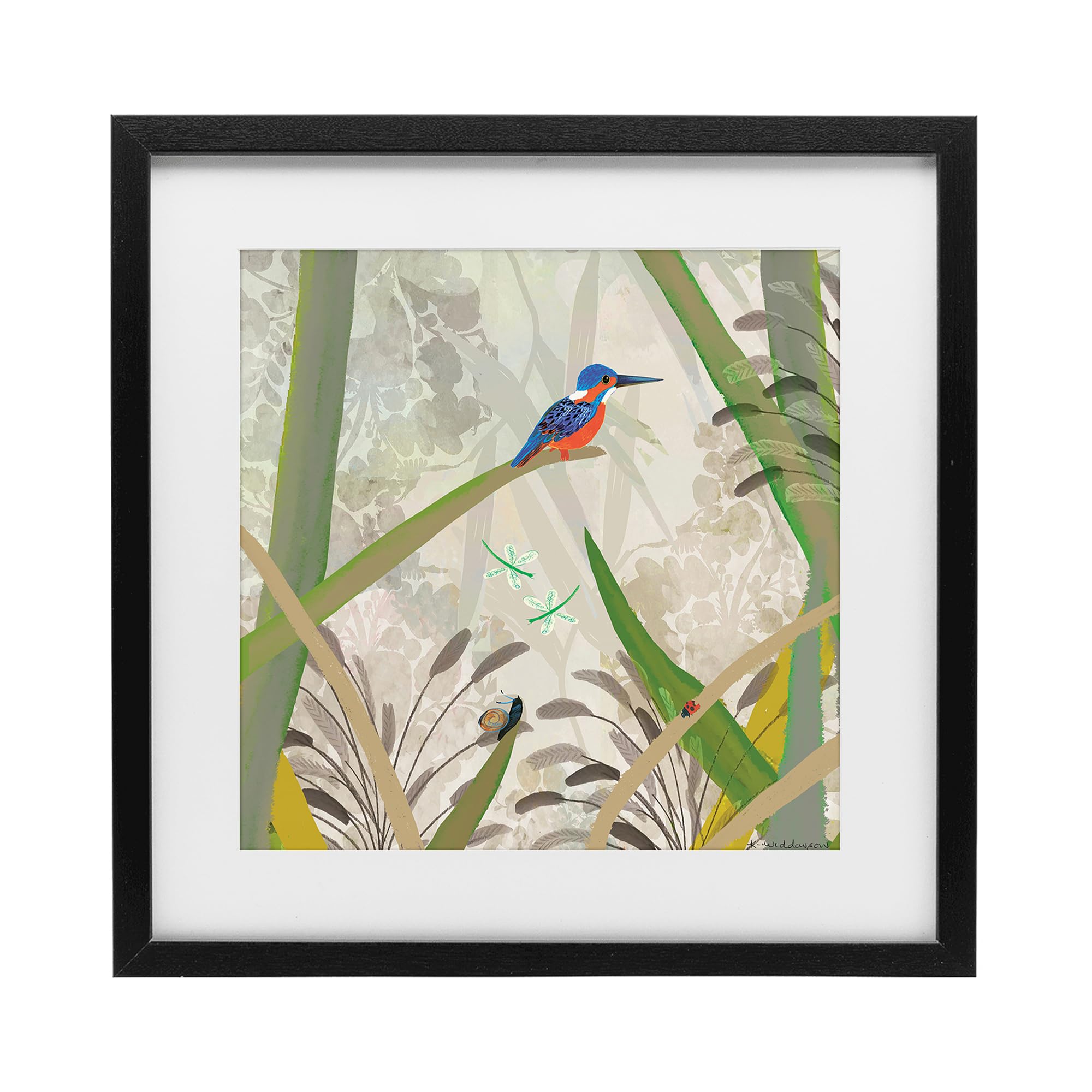 Kingfisher Among Branches Nature, 13 x 13 Inch Framed Print Under Glass