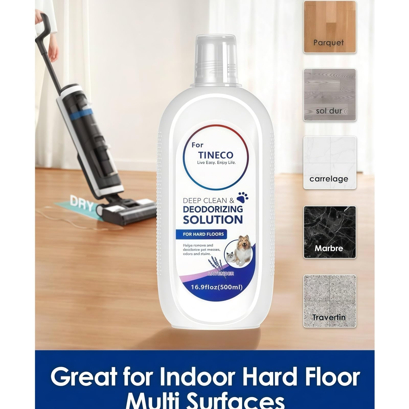 Solución Limpiadora De Pisos Con Aroma A Lavanda, 500 Ml, 16.9 Onzas Líquidas, Compatible Con Tineco IFloor 2/3 Breeze, Floor ONE S3/S5/S5 Pro 2/S6/S7 Pro. Limpieza Profunda De Múltiples Pisos Duros.(