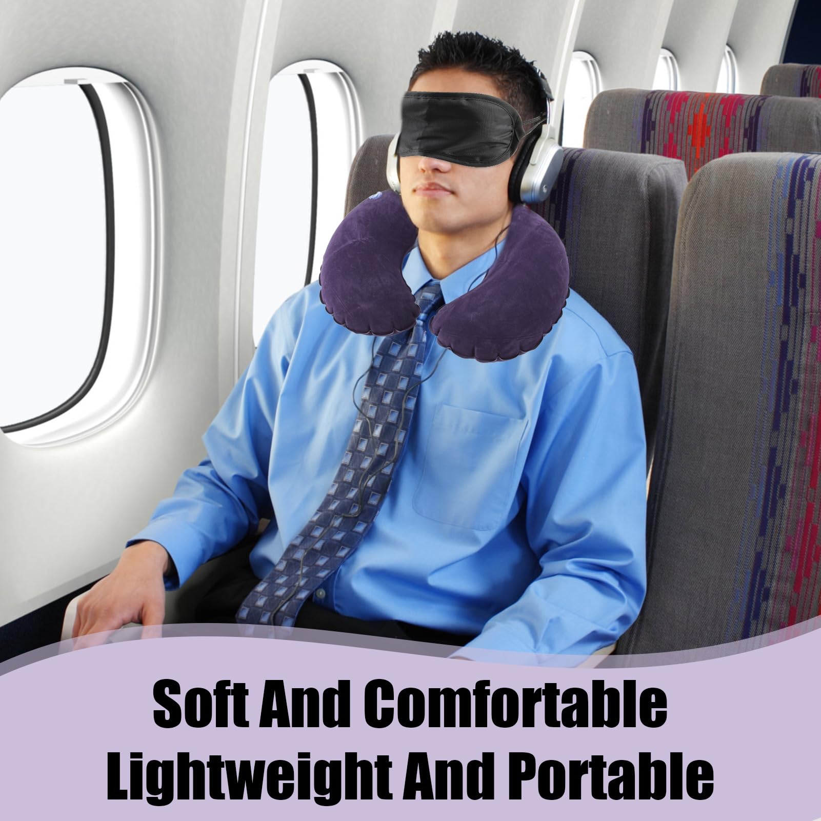 Oreiller Voyage Gonflable Ergonomique Velours Doux - Coussin Cervical 360° + Masque Yeux + Bouchons Oreilles - Bleu - Idéal Avion Voiture Train