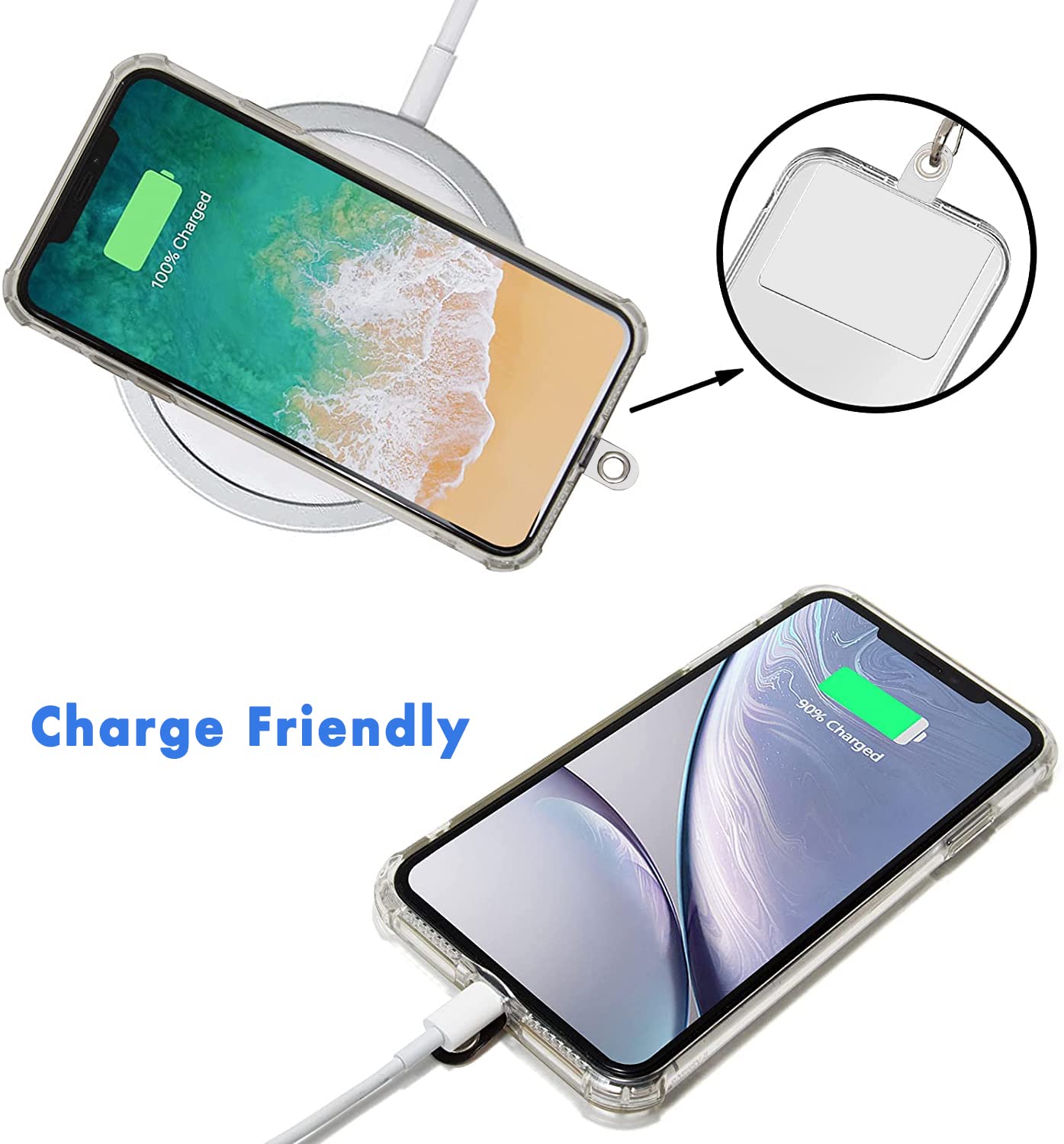 Tour De Cou Téléphone Olliwon Réglable 150cm - 3 Patchs, Lanière Bleu Marine