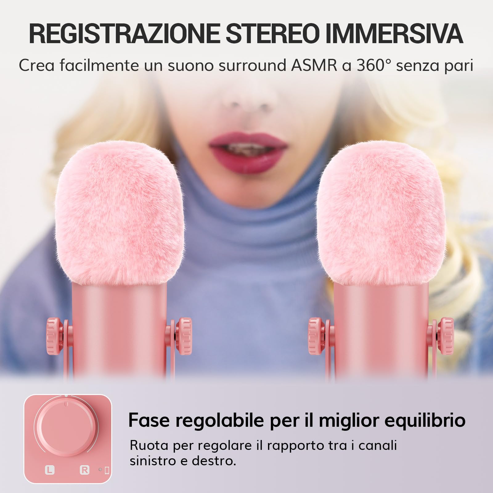 TONOR Microfono ASMR Equipment Bundle, Microfono a Doppio Condensatore con Interfaccia Audio, Audio 3D Immersivo, Suono Nitido, Controllo del Volume, Set per ASMR, Podcast, Registrazione, Rosa