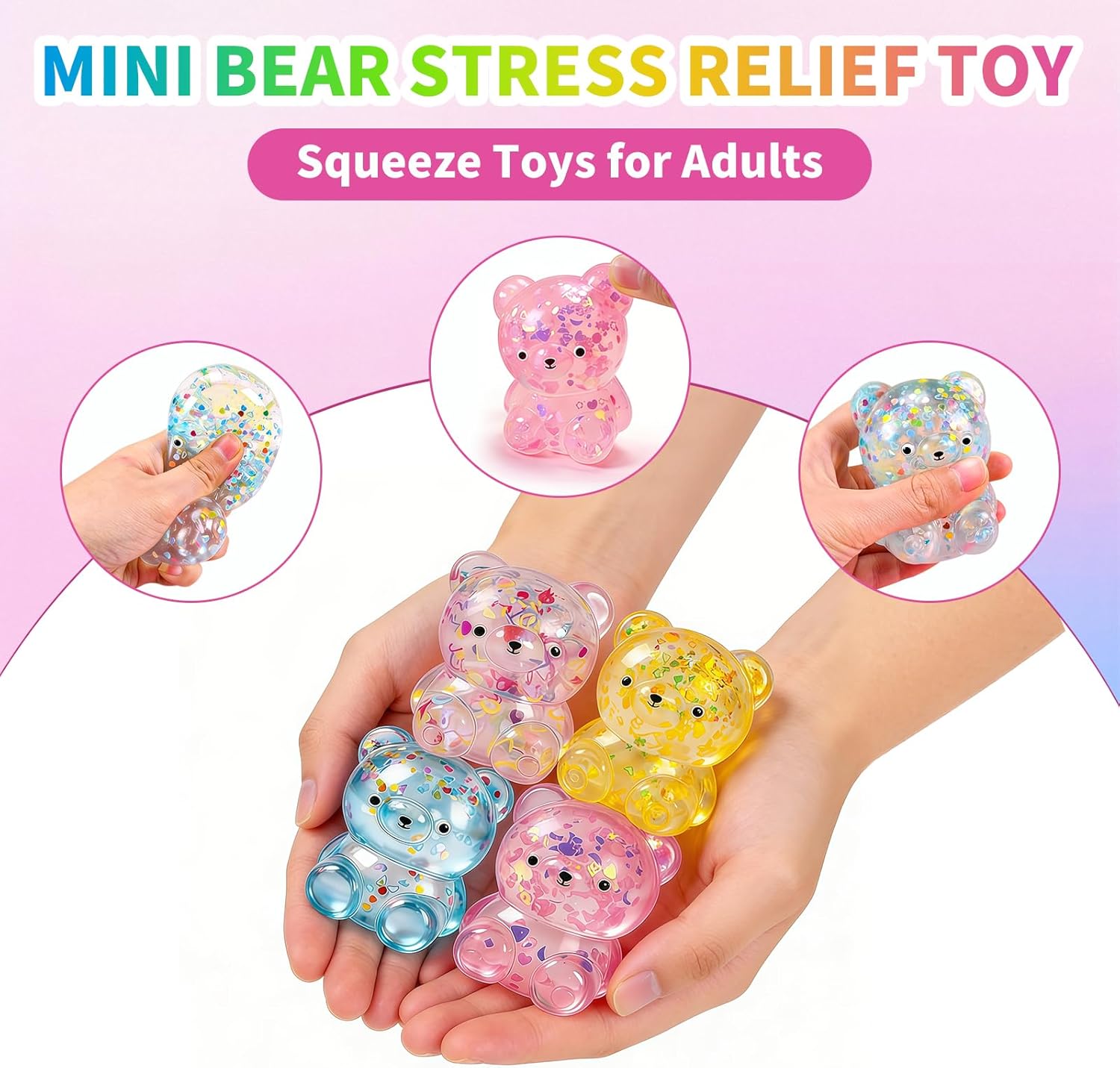 4 Pcs Gummy Bear Squeeze Toys, Colorful Stress Balls, Stress Relief for Classroom Prizes, Party Favors (Random Colors)
