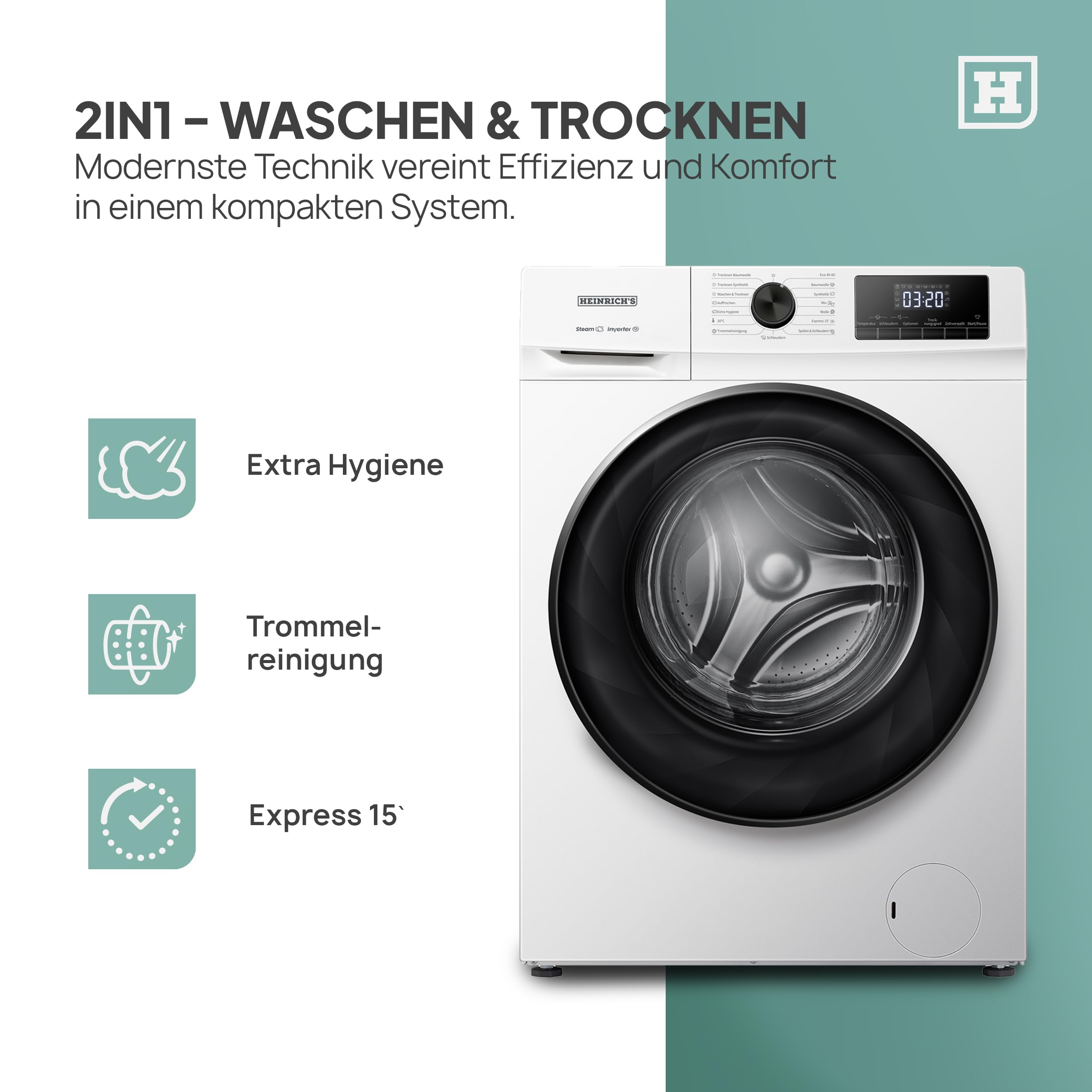 HEINRICHS Waschtrockner, 2in1 Waschtrockner, 8KG Waschen + 5KG Trocknen,1400 U/min, 15 Programme, Express Programm 15 min, Steam-Refresh, AquaStop, Edelstahl-Trommel, mit Kindersicherung, Effizient