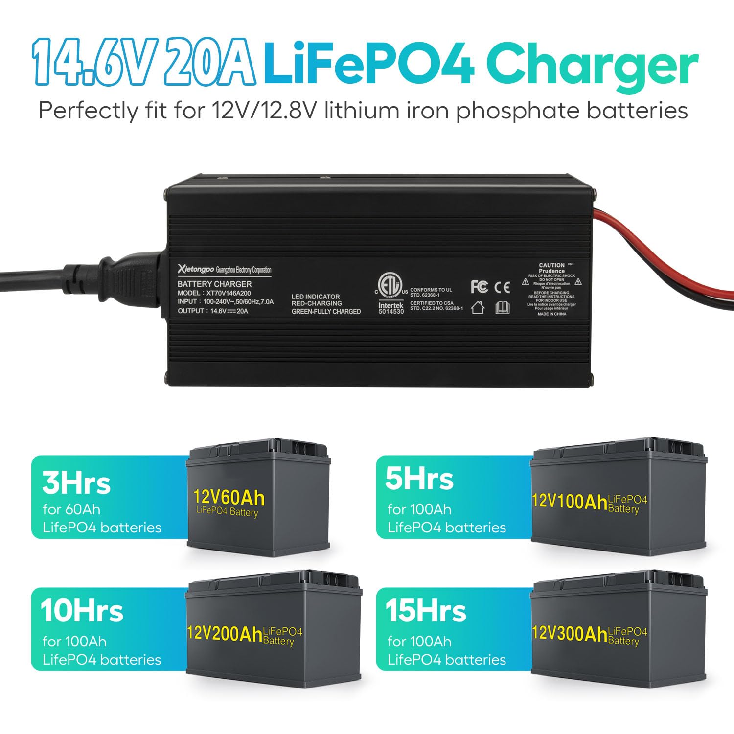 Chargeur LiFePO4 14,6V 20A Spécial pour au Lithium Fer Phosphate 12V