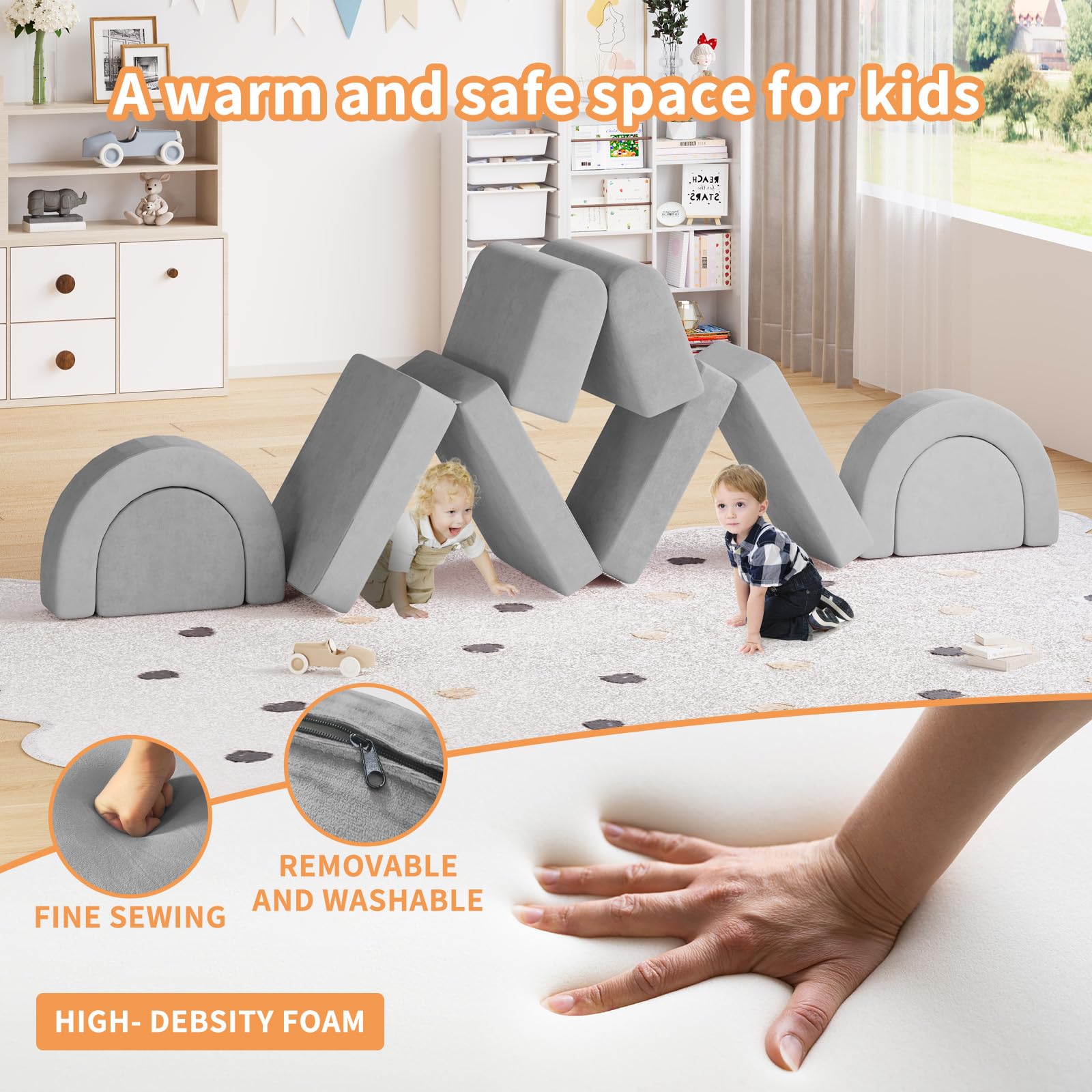 Pipleo Kids Couch, Modular Kids Play Couch, Fold Out Toddler Couch Building Fort with Balls for Playroom, Convertible Kids Floor Sofa and Foam Couch for Boys and Girls 10Pack (Grey)