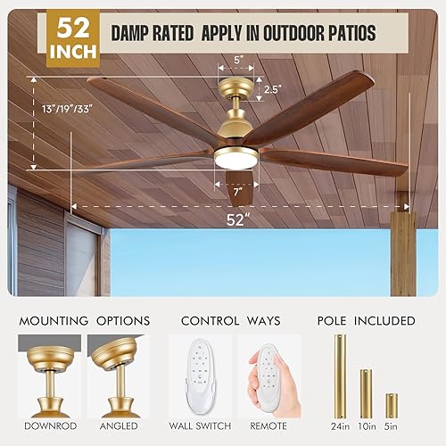 Miniatura 4 de Ventilador de techo dorado de 52 pulgadas con luces y control remoto, 5 cuchillas reversibles de madera maciza, motor CC silencioso de 6