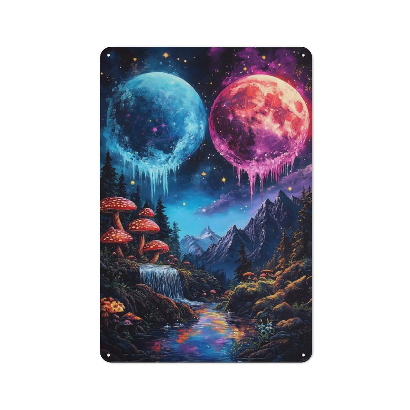 Junmoney Dreamy Forest With Icy Moons Decorative Metal Plaque 30X20cm, Modern Retro Urban Room Decor For Workspace, Cafe, Hallway Or Garage
