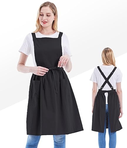 Miniatura 4 de Nanxson Delantal de lino de algodón con espalda cruzada para mujeres con bolsillos para cocinar, jardinería, hornear paiting CF3046