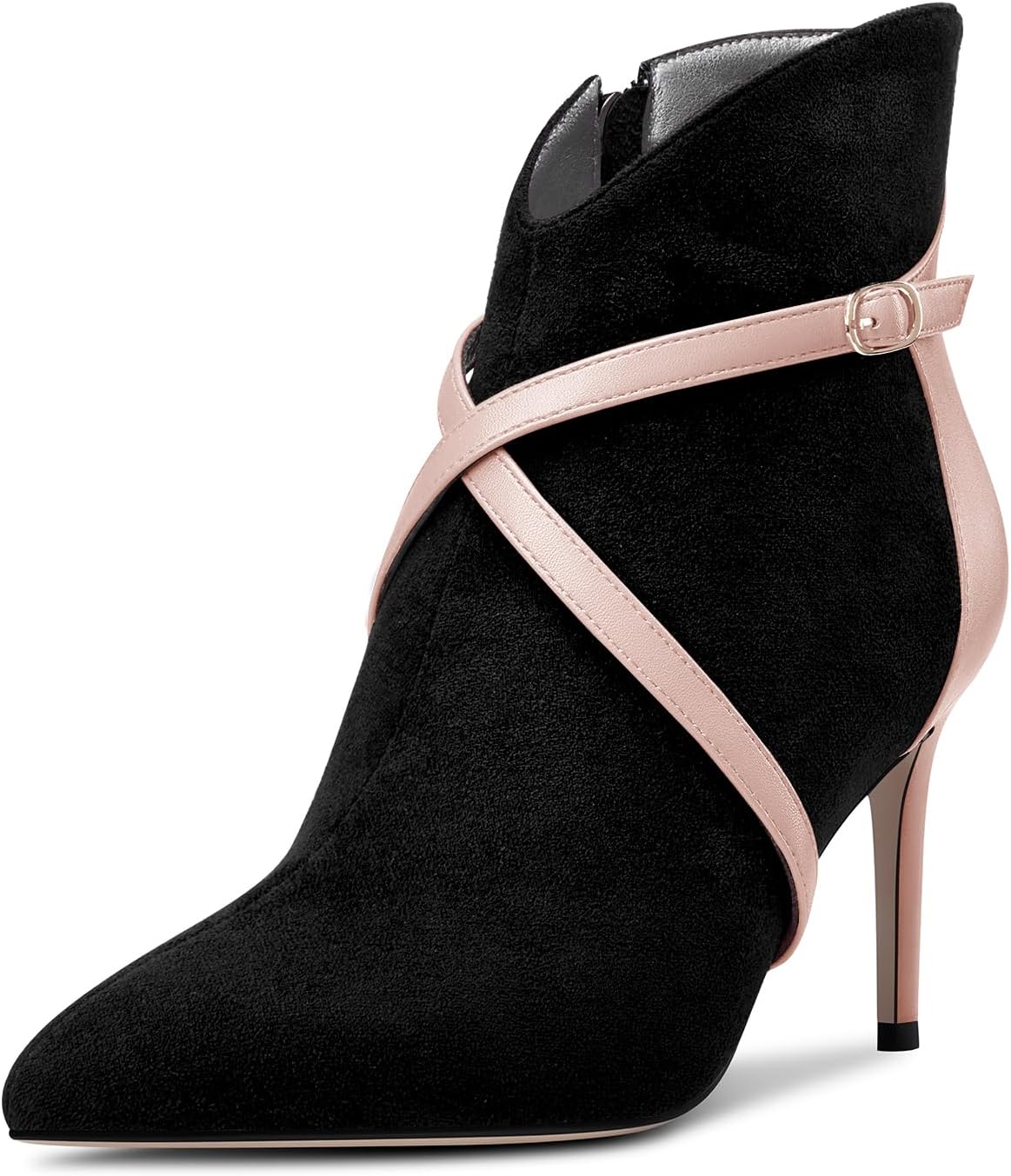 Castamere Womens High Heel Pointed Toe Ankle Boots Short Bootie Cross-Strap Zipper Patchwork Prom Sexy 3.2 Inches Heels