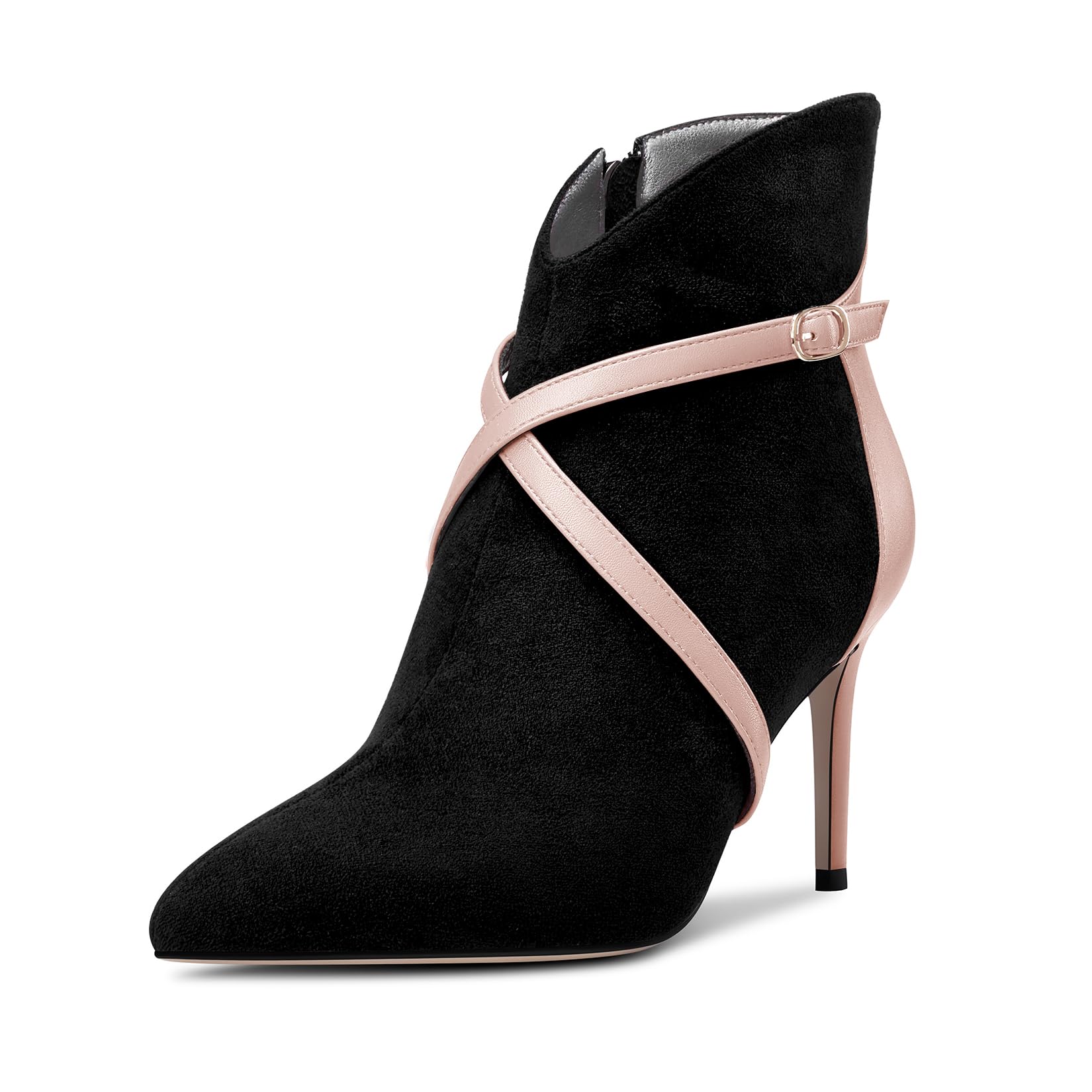 Castamere Womens High Heel Pointed Toe Ankle Boots Short Bootie Cross-Strap Zipper Patchwork Prom Sexy 3.2 Inches Heels