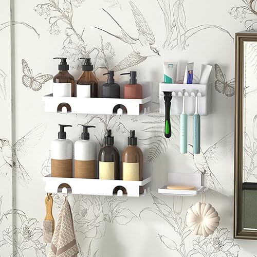Organizador de ducha montado en la pared, paquete de 4 estantes organizadores de baño adhesivos blancos, estante de almacenamiento a prueba de