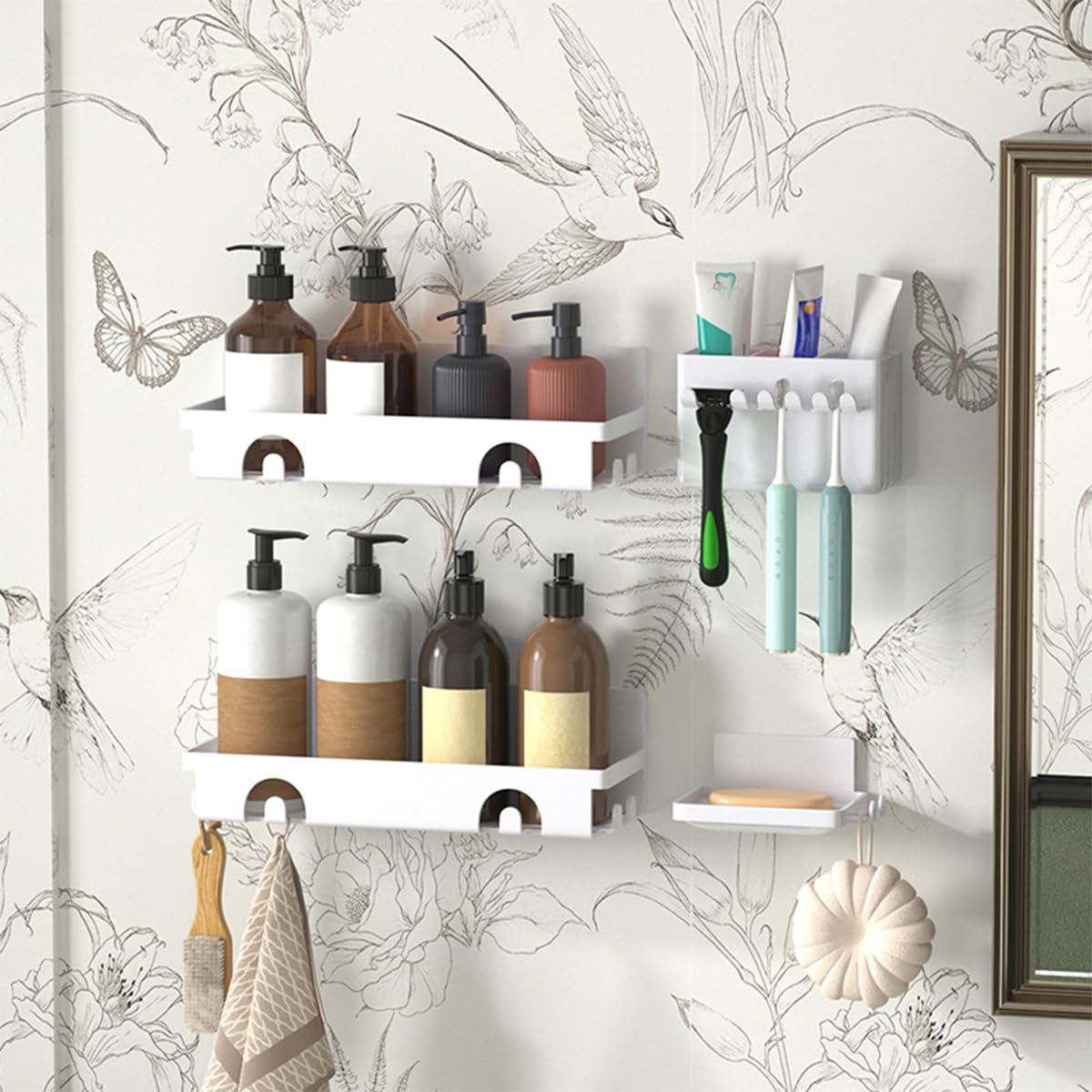 Wall Mounted Shower Caddy 4 Pack White Adhesive Bathroom Organizer Shelves Rustproof Storage Rack No Drilling Required 11