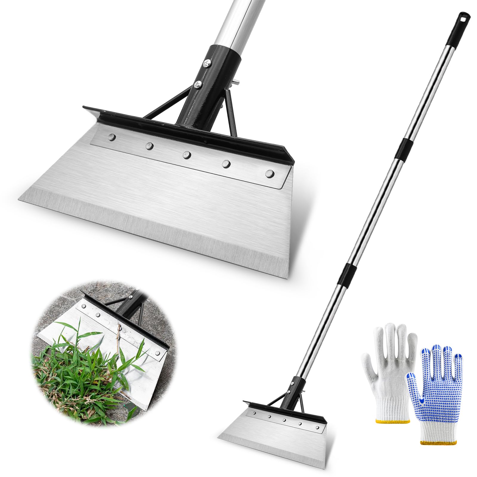 Kit de grattoir de jardin - Lame en acier inoxydable de 21 cm avec manche de 120 cm et gants à 3 sections - Éliminateur de mousse et de glace pour terrasse, allée et neige - Kit de pelle de jardin
