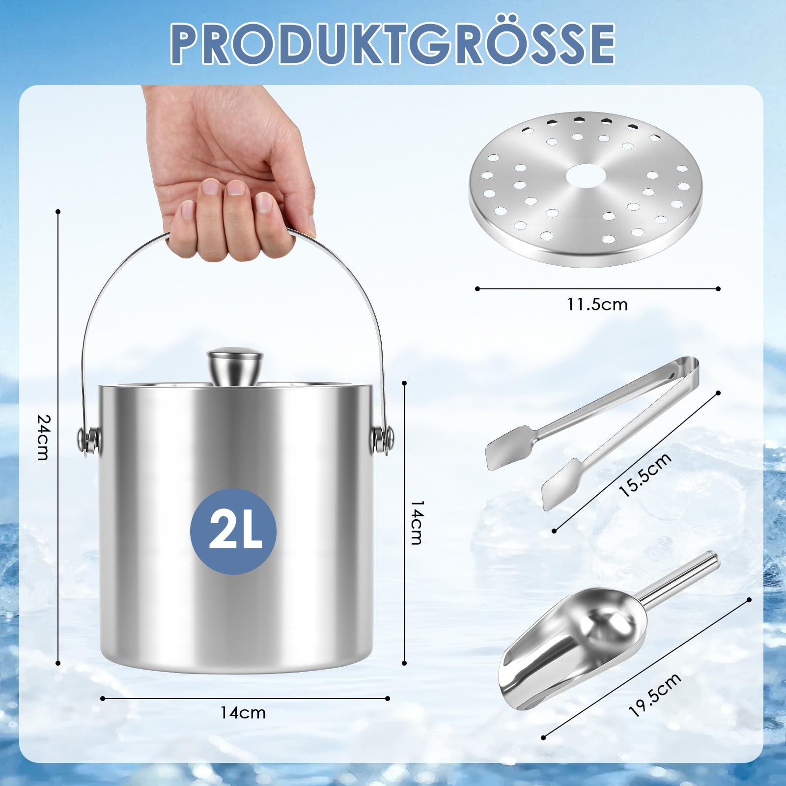 Dreamhigh 2L Eiswürfelbehälter, Edelstahl Eiskübel mit Deckel, Zange, Eisschaufel und Einem Sieb, Hält Getränke 6-8 Std, Eisbehälter für Partys, Riegel, Perfekt zum Abkühlen von Getränken, Bier