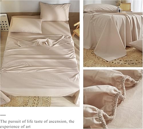 Miniatura 4 de Juego de sábanas de tamaño matrimonial, refrescantes, sábanas y fundas de almohada, 4 piezas, de hotel, de algodón lavado 100 %, sábana bajera con