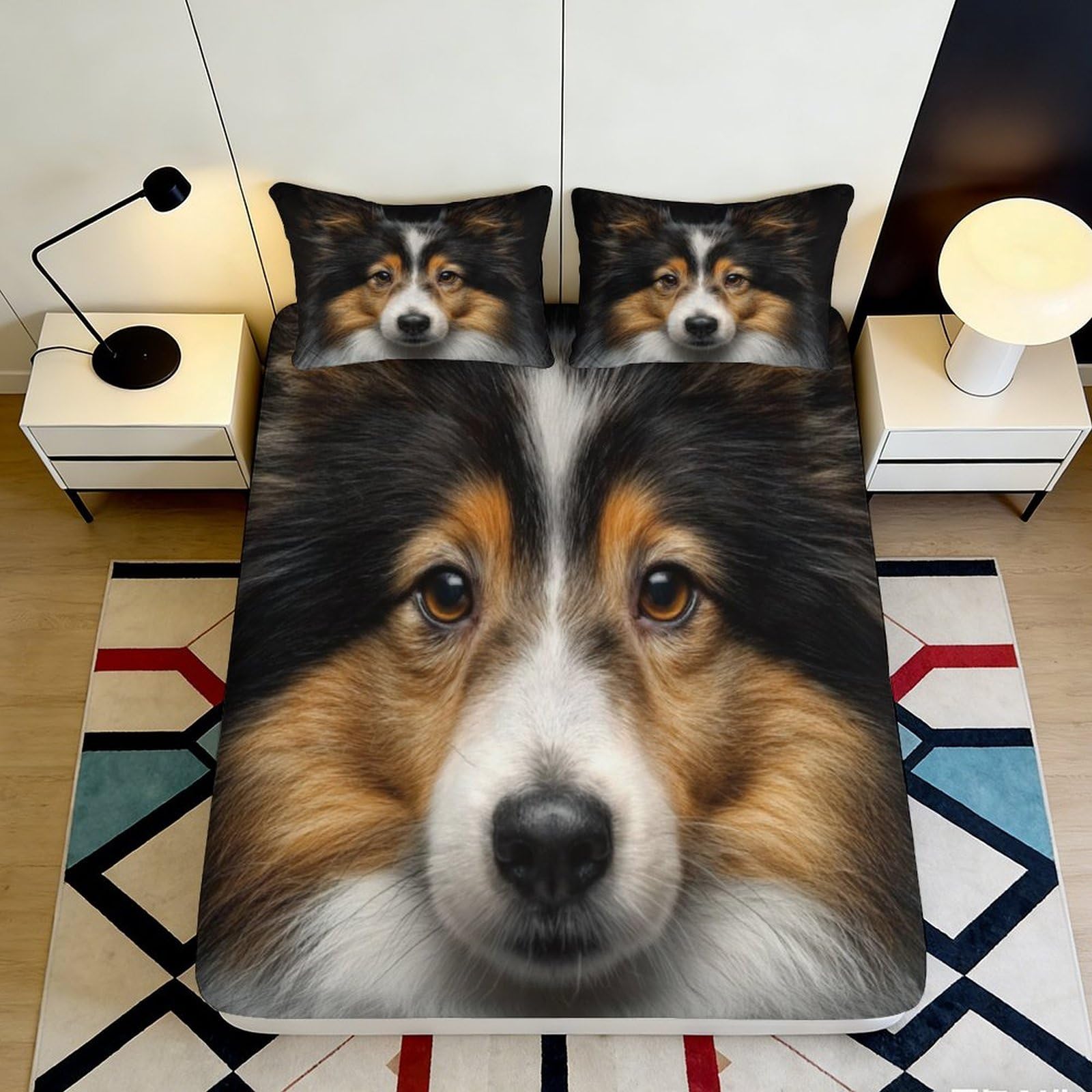 3D Printed Shetland Sheepdog Fitted Sheet Microfiber Durable Soft 3D Printed Collie Bed Cover for Bedroom Dormitory Guest Room Mattress Protection 90x200x25cm