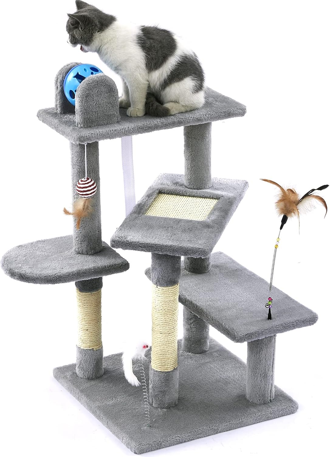 SUPERJARE Cat Tree with Rolling Ball, Indoor Cat Play Tower with Toy Mouse & Feather Toy, Kitten Activity Center with Scratching Board &…