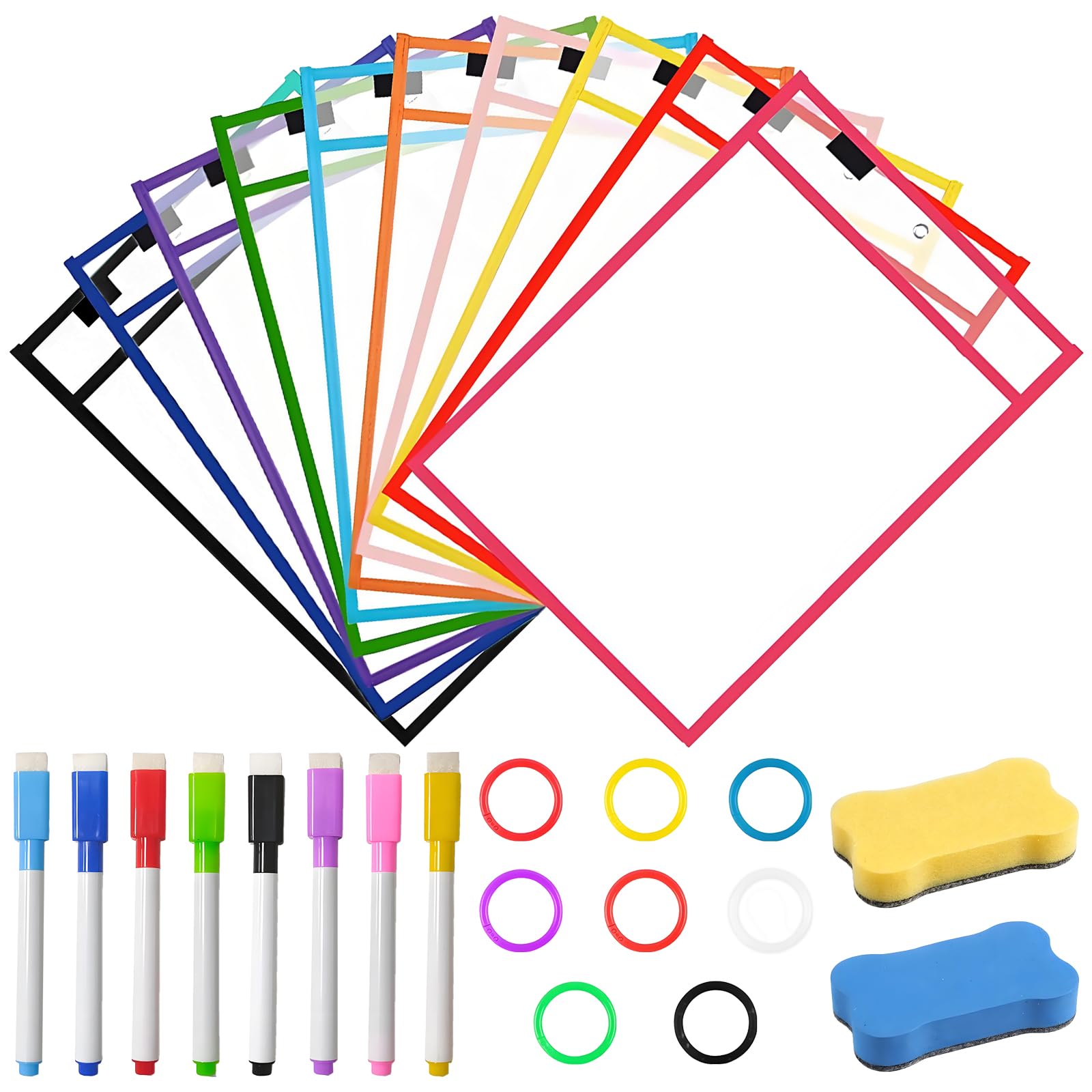 28 Pcs Dry Erase Pockets Set,10 Color Clear Reusable Plastic Sleeves Write and Wipe Clean Pens and Eraser Binder Rings,Teacher Supplies and Classroom Essentials for Organization