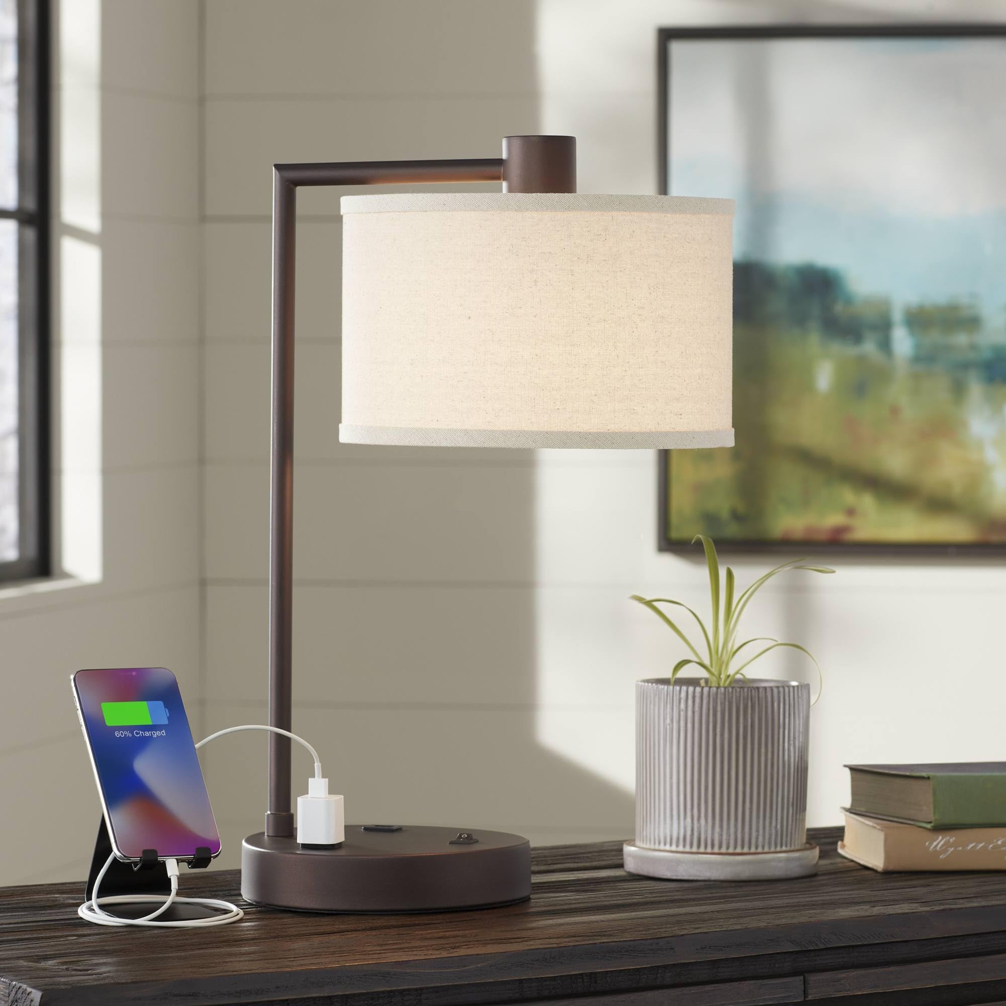 - Colby 21" High Desk Lamp USB Bronze Brown Base Modern with Linen | Fitter Uno USB Ports A+C Charging Metal and AC Power Outlet Living Room Bedroom House Bedside Nightstand Home Drum Shade