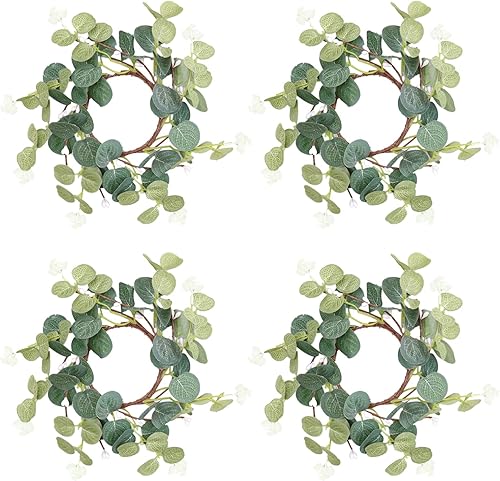 ZHDOKA 4 aros de vela de pilar, coronas de hojas de eucalipto artificiales, mini coronas verdes bohemias, corona decorativa rústica de granja para