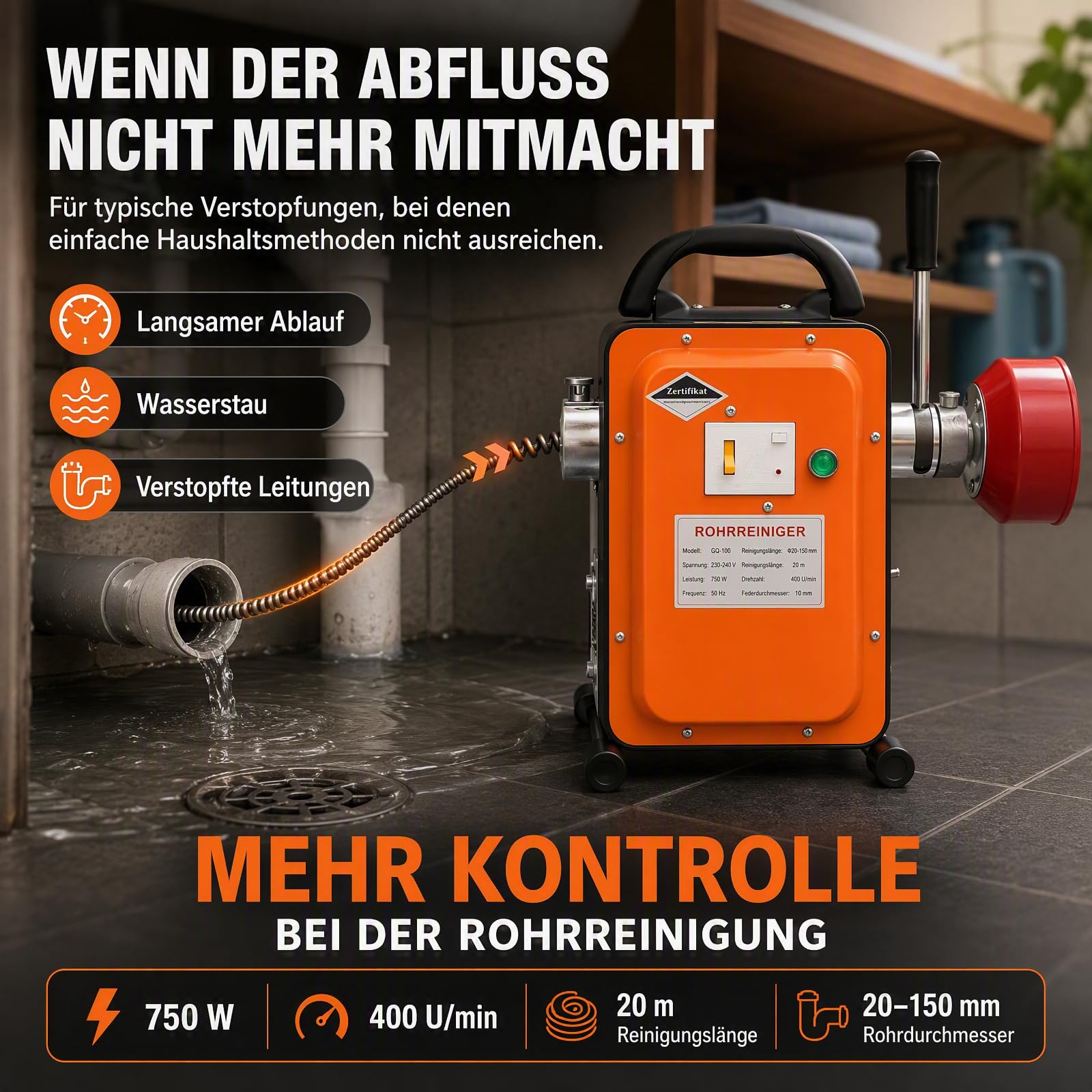 Rohrreinigungsspirale 750W Maschine 20m für Abfluss Kanal Reinigung