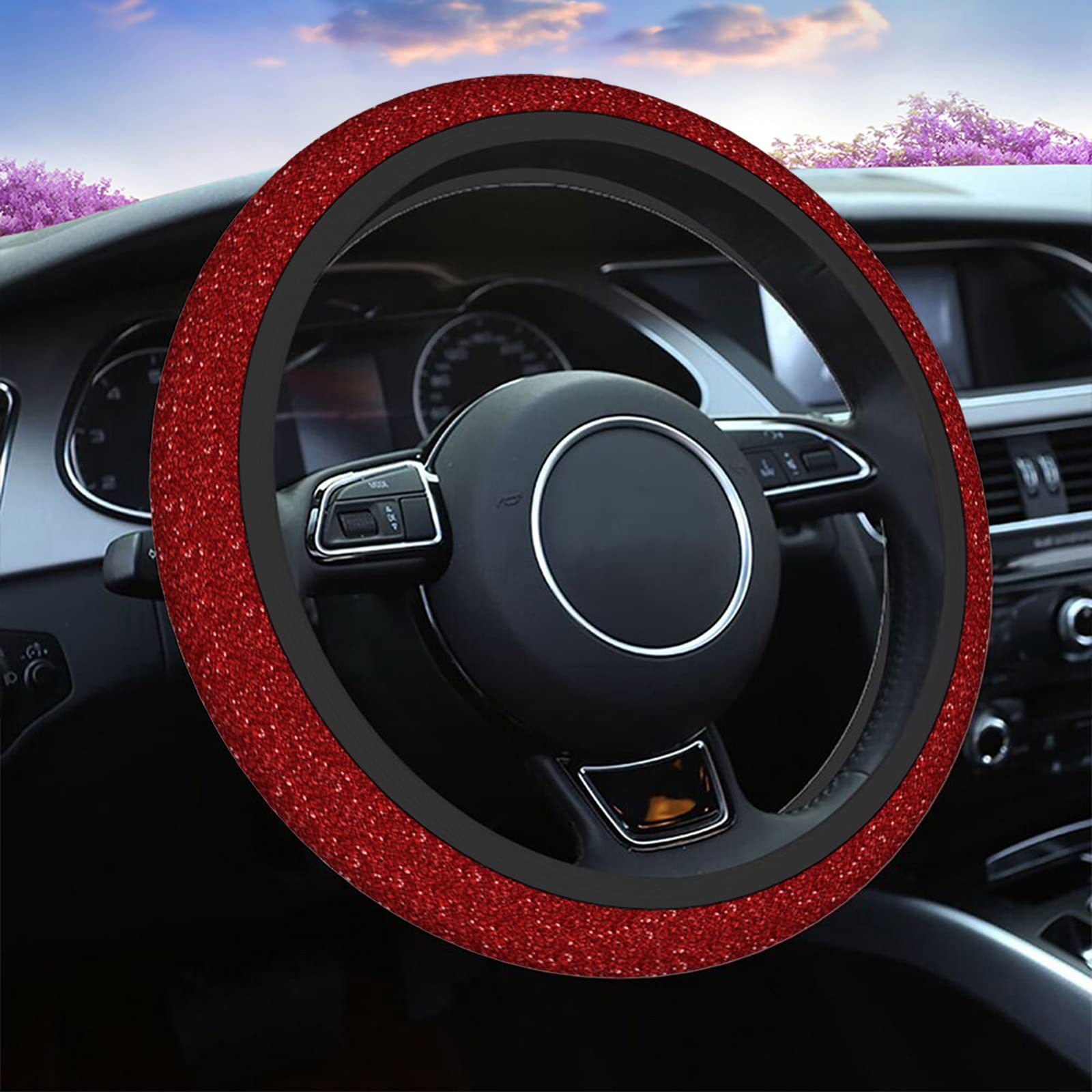 Swono Red Glitter Steering Wheel Cover,Abstract Red Shiny Glitter Breathable Auto Car Steering Wheel Cushion Case for Men Universal 15 Inch Steering