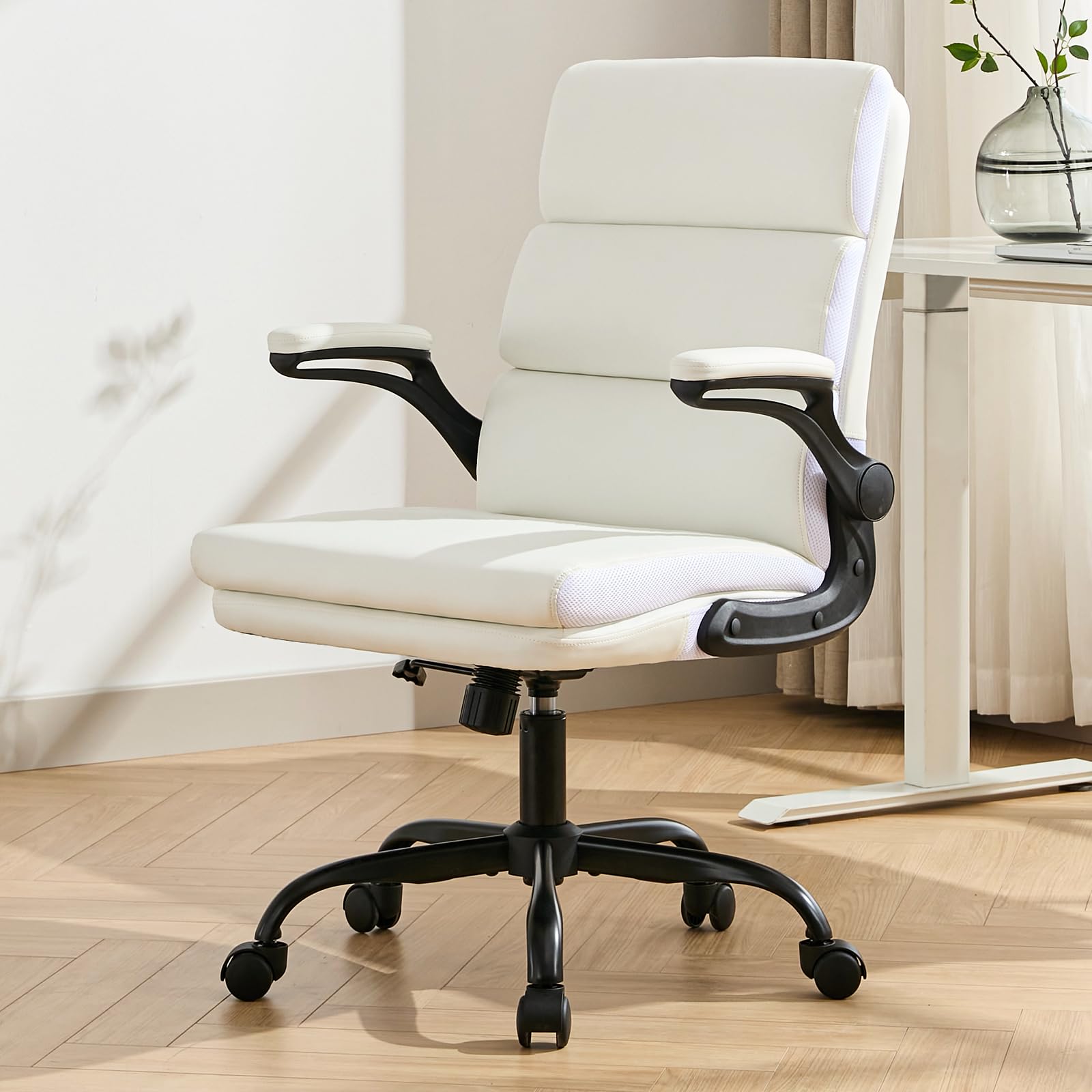 LukkDys Executive Office Chair with Flip-Up Armrests, 3-Stage Lumbar Support, Ergonomic Mid Back PU Leather Swivel Chair, Comfy Desk Chair with Tilt & Wheels, Height Adjustable for Home Office,White