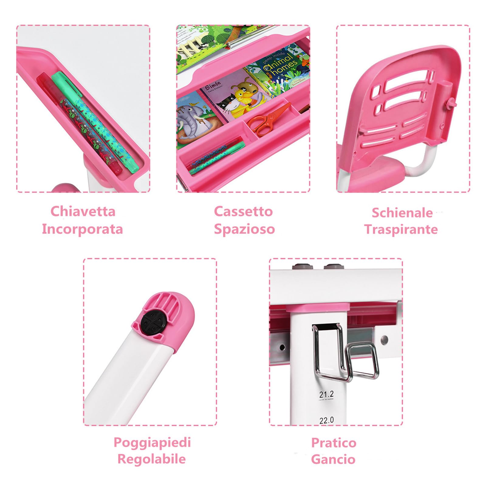 COSTWAY Scrivania per Bambini con Sedia, Tavolo Studio Regolabile in Altezza e Piano Inclinabile, Tavolo e Sedia Ergonomica in Materiali Sicuri per 3-14 Anni (Rosa)