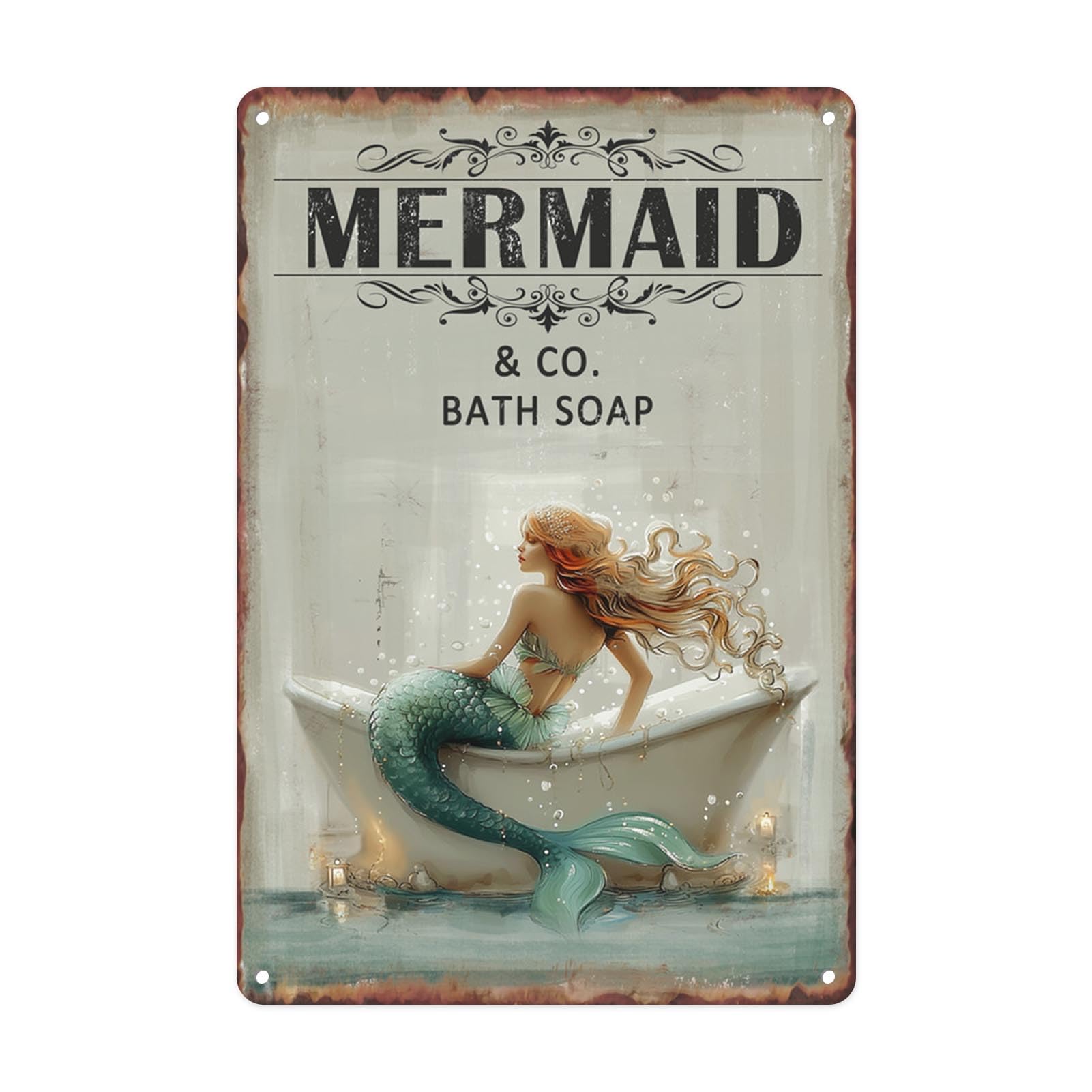 Mermaid Wash Your Tail Bathroom Tin Sign, 12x8 Inch