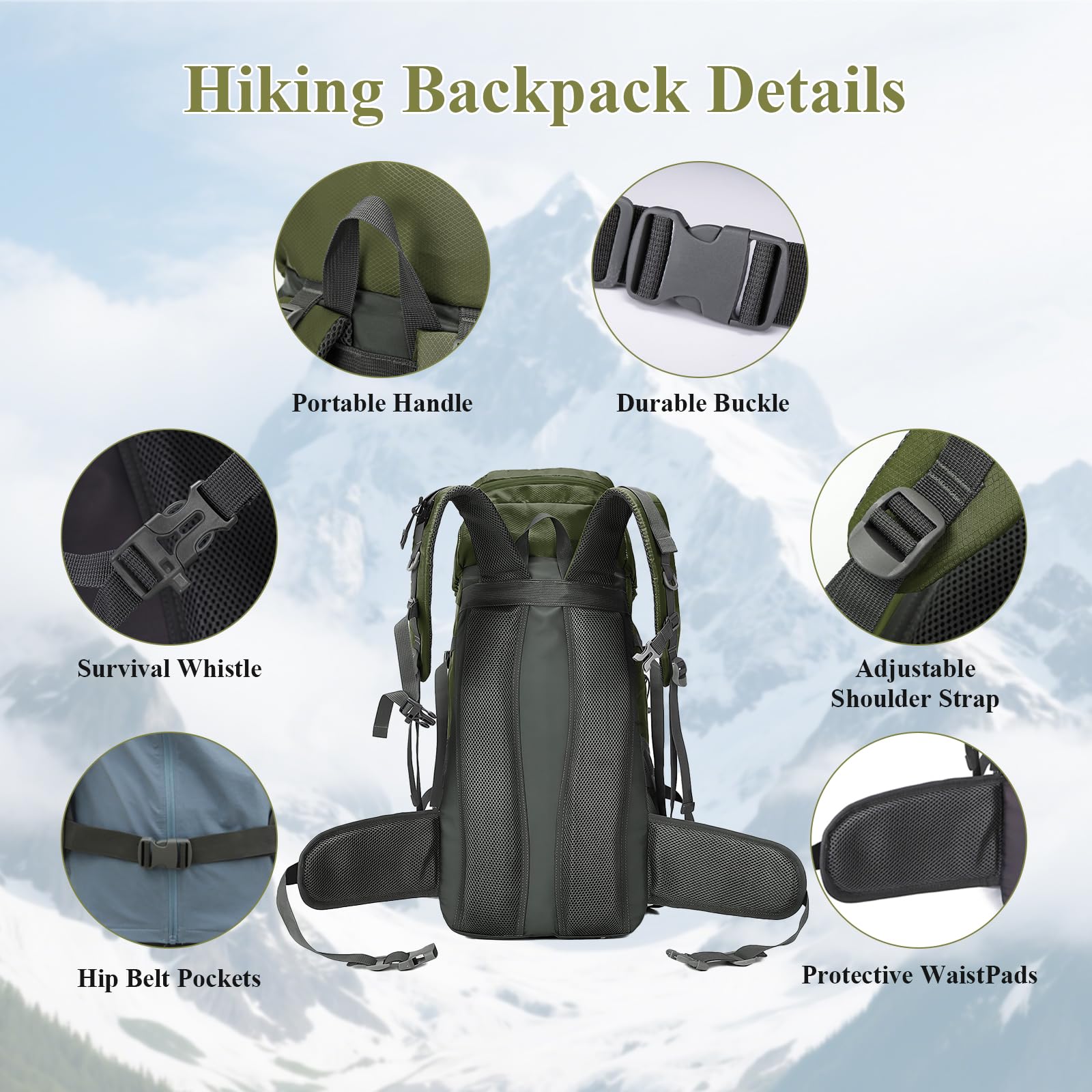 Zaino da escursionismo impermeabile da 60 l, leggero, da campeggio, sportivo, da viaggio, con copertura antipioggia, per alpinismo, escursionismo, viaggi, attività all'aperto, verde, L