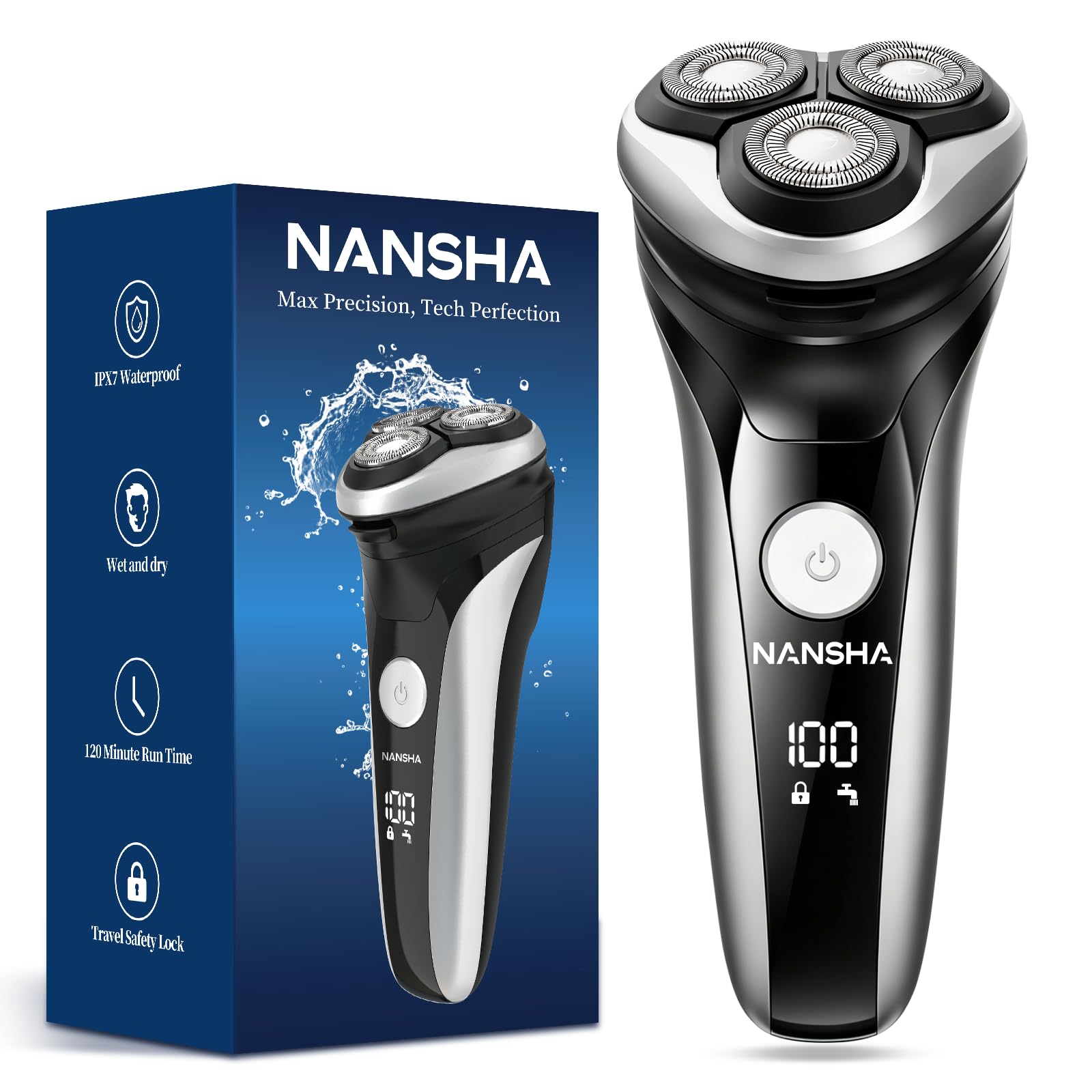 NANSHA Electric Razor for Men with Pop-Up Trimmer, 100% Waterproof Electric Shaver, Rechargeable Cordless Shavers for Men, Type-C, 140Mins Runtime, Plug & Play, Black (Black)