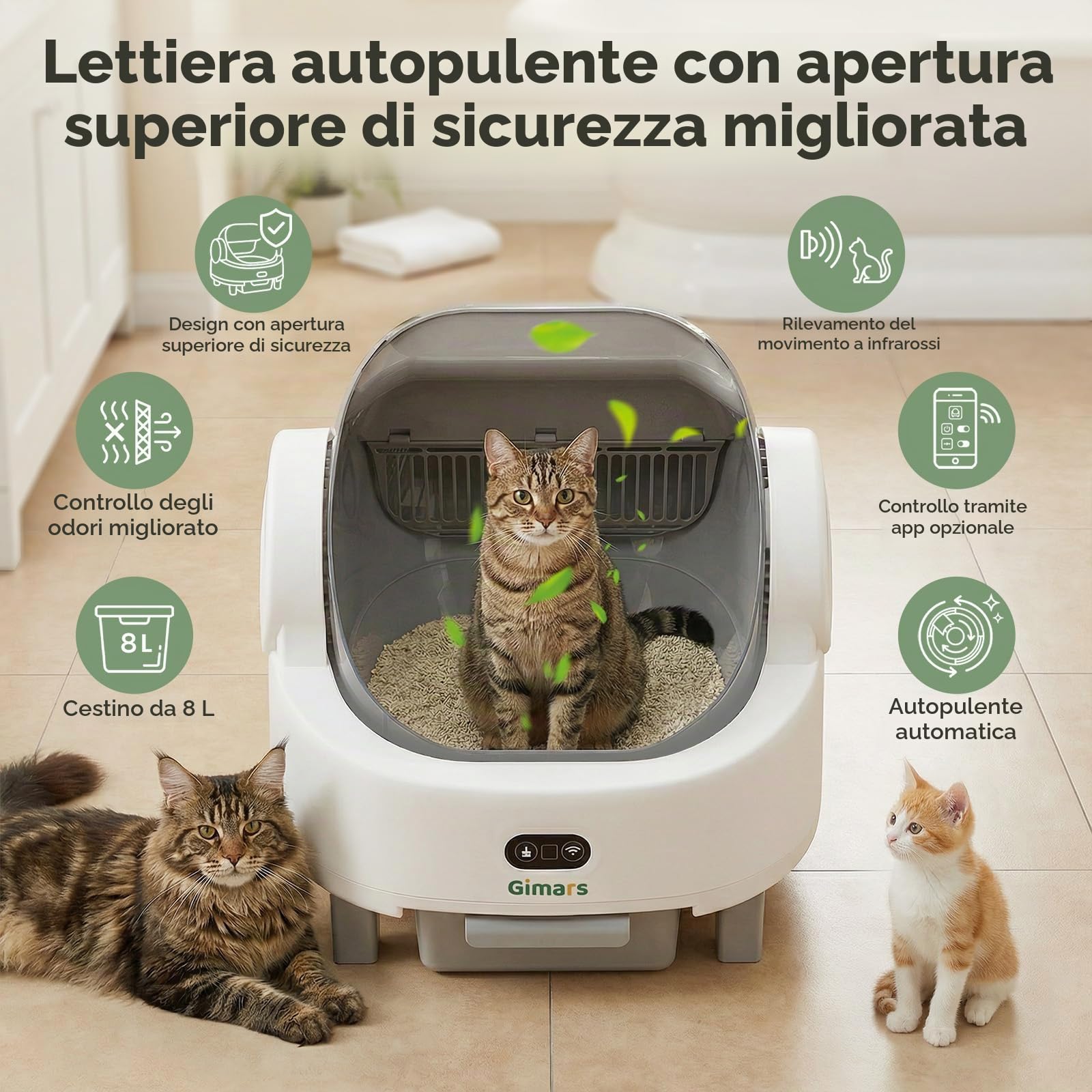 Gimars Lettiera autopulente dal design aperto, per più gatti e gatti anziani, controllo tramite app con sensori di sicurezza, basso odore, include sacchetti della spazzatura e tappetino, bianco con