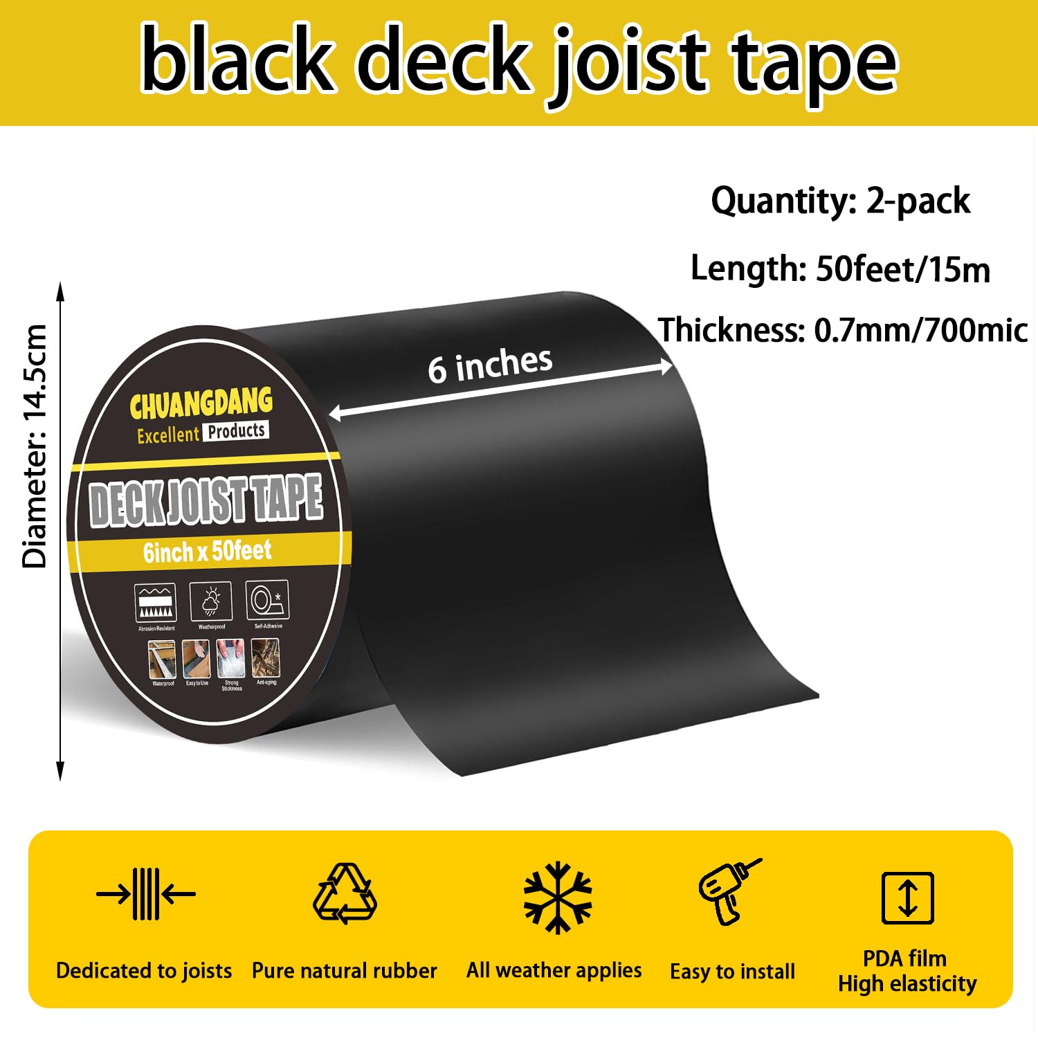 CHUANGDANG Black Joist Tape for Decking,0.7mmx6inx50ft,2-Pack,Anti-Corrosion,Weather-Resistant Butyl,Flashing Tape for Deck,Joist,Roofs Beams,RV,Doors,and Fences,Waterproof Butyl sealant Joist Tapes