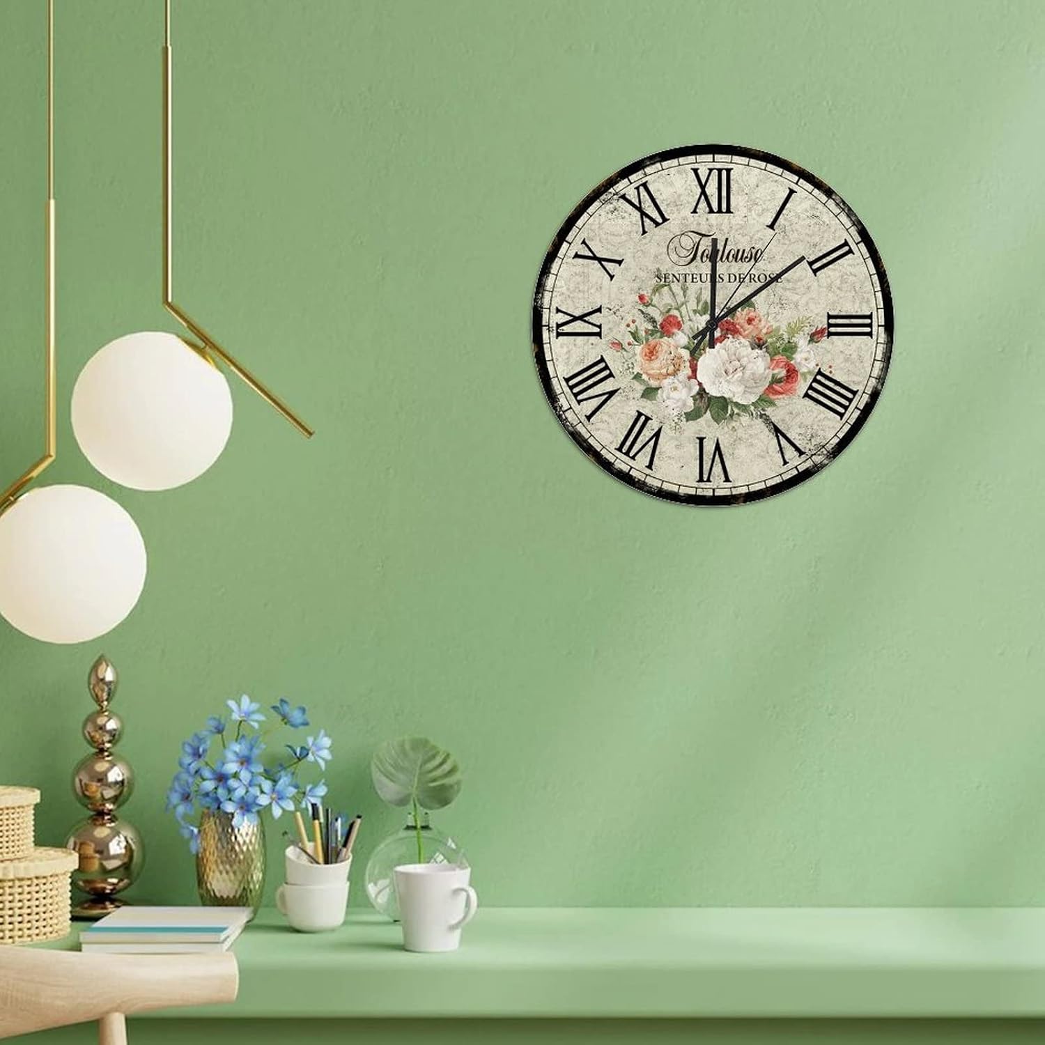 Vintage White Roses Hanging Clock 12in Retro Postcard Wood Wall Clock Silent Sweep Movement Battery Operated Arts and Crafts Weddings Gift Home Accessories for Bathroom Shop Farmhouse image 4