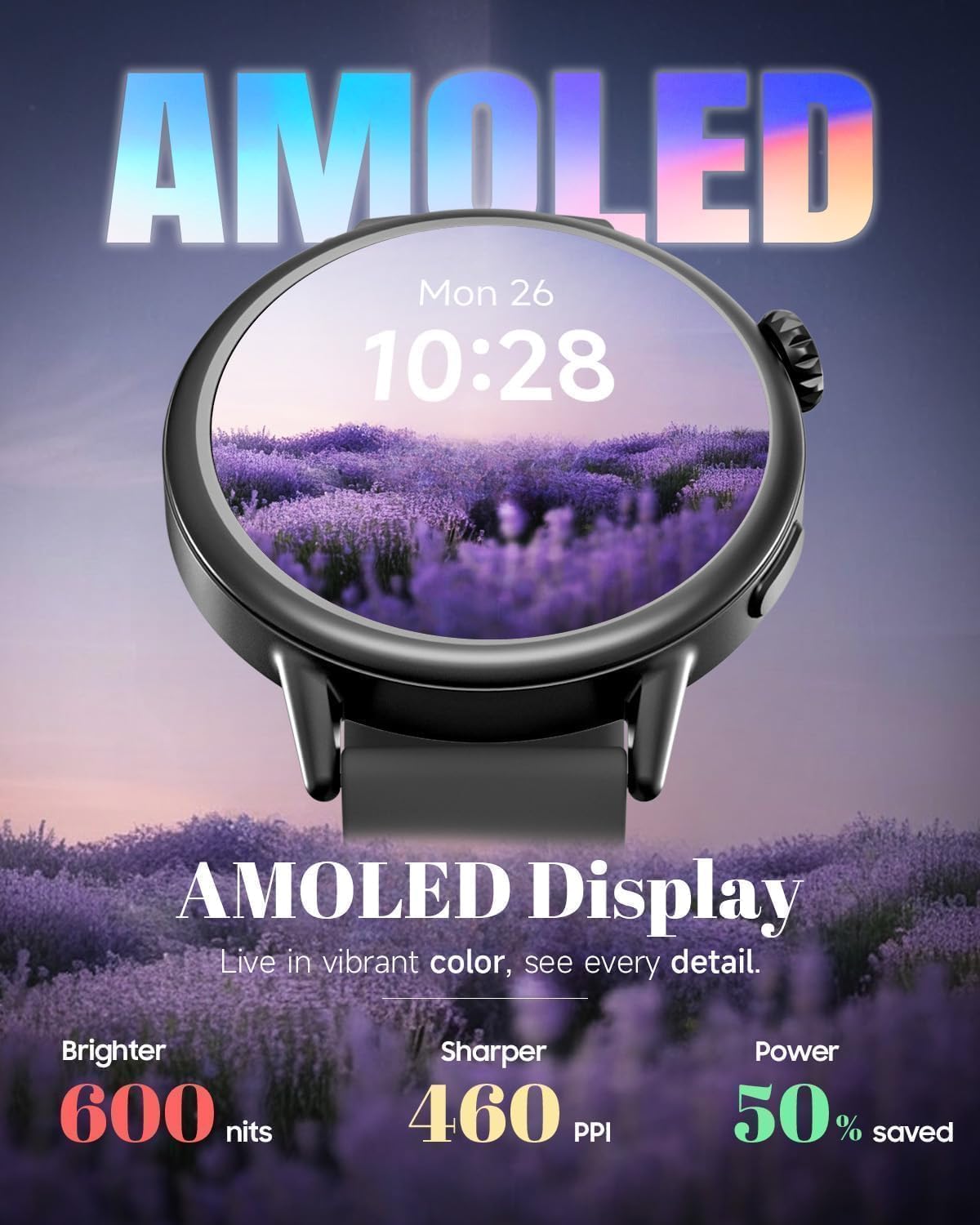 Close-up of the TOOBUR DR07 Smart Watch's AMOLED display showing vibrant colors.