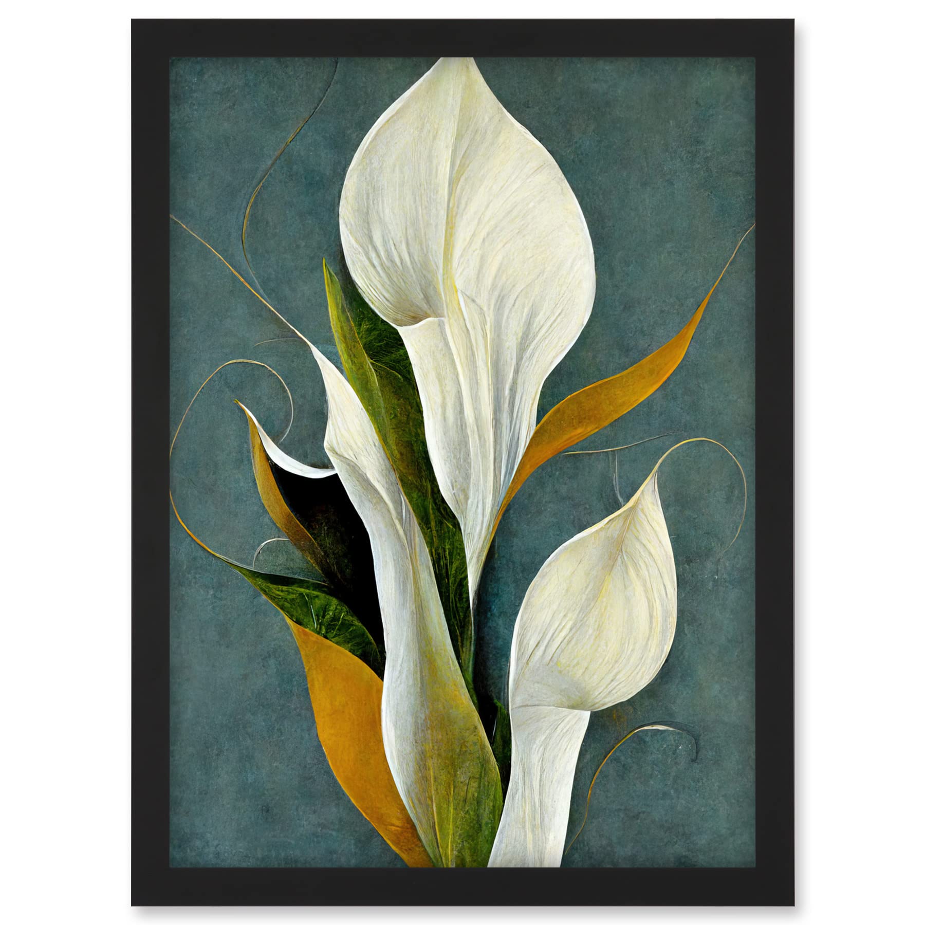 Doppelganger33 LTD White Calla Lily Bouquet Flowers In Blue Background Realism Artwork Framed A3 Wall Art Print