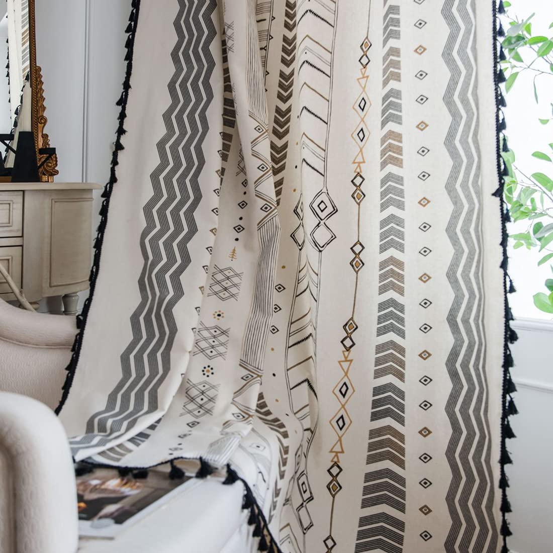Boho Vintage - Tende con pompon semioscuranti, con occhielli, in cotone e lino, per soggiorno, camera da letto, motivo B, 150 x 220 cm