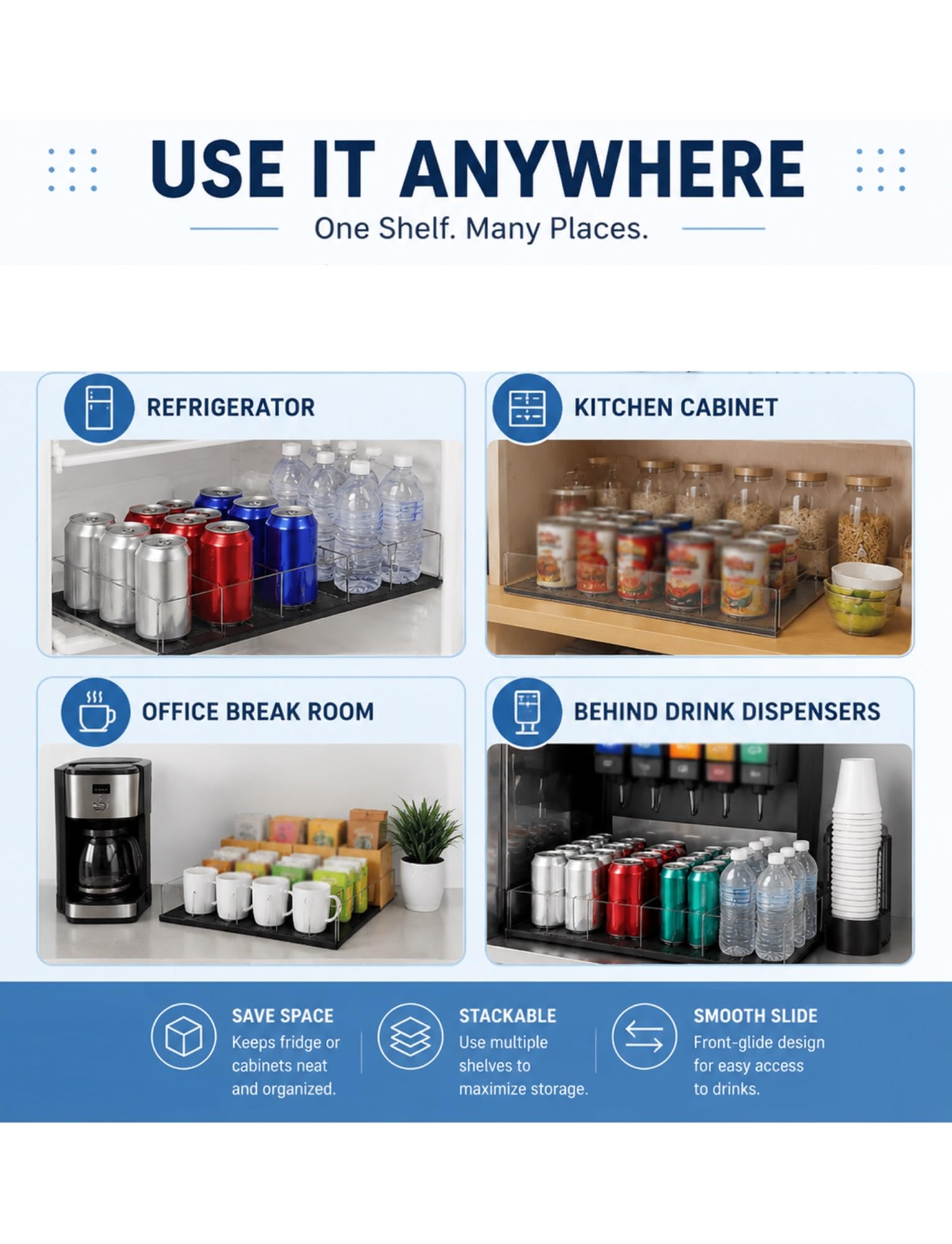 Organizer per bevande e distributore automatico di lattine, rack a scorrimento frontale per bottiglie da 12-479 ml, portaoggetti regolabile per frigorifero o armadio