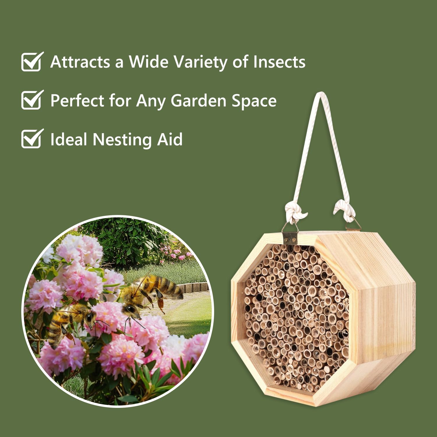 Hölzernes Bienenhaus, Sechseckiger Bienenlebensraum Hölzernes Lnsektenhotel Hängender Wildbienenhotel für Bienen, Wildbienen, Marienkäfer & Schmetterlinge