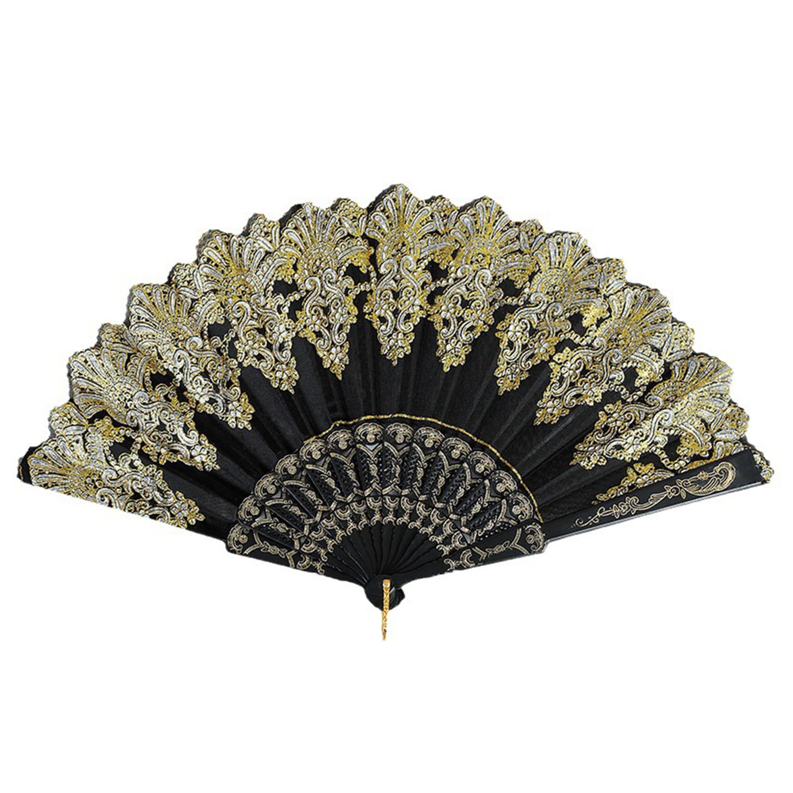 VBSYUYQ 23cm Black Chinese Folding Hand Fan with Lace & Tassel