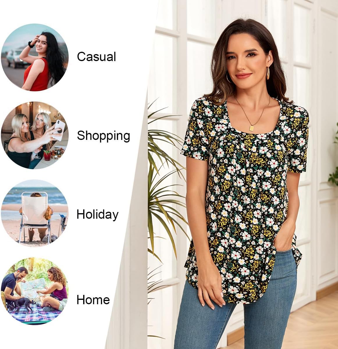 LONGYUAN Womens Tunic Tops 2026 Summer Casual Square Neck Shirts S-3XL