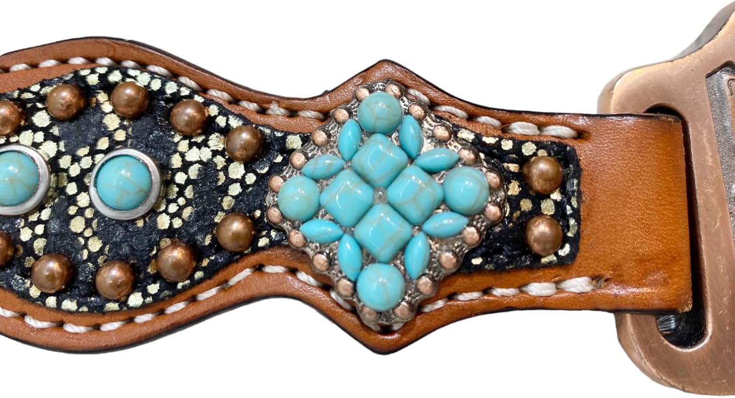 Western One Ear Headstall & Breast Collar Tack Set with Leopard Print & Turquoise Stone Overlay - Premium Argentina Cow Leather for Horse Lovers