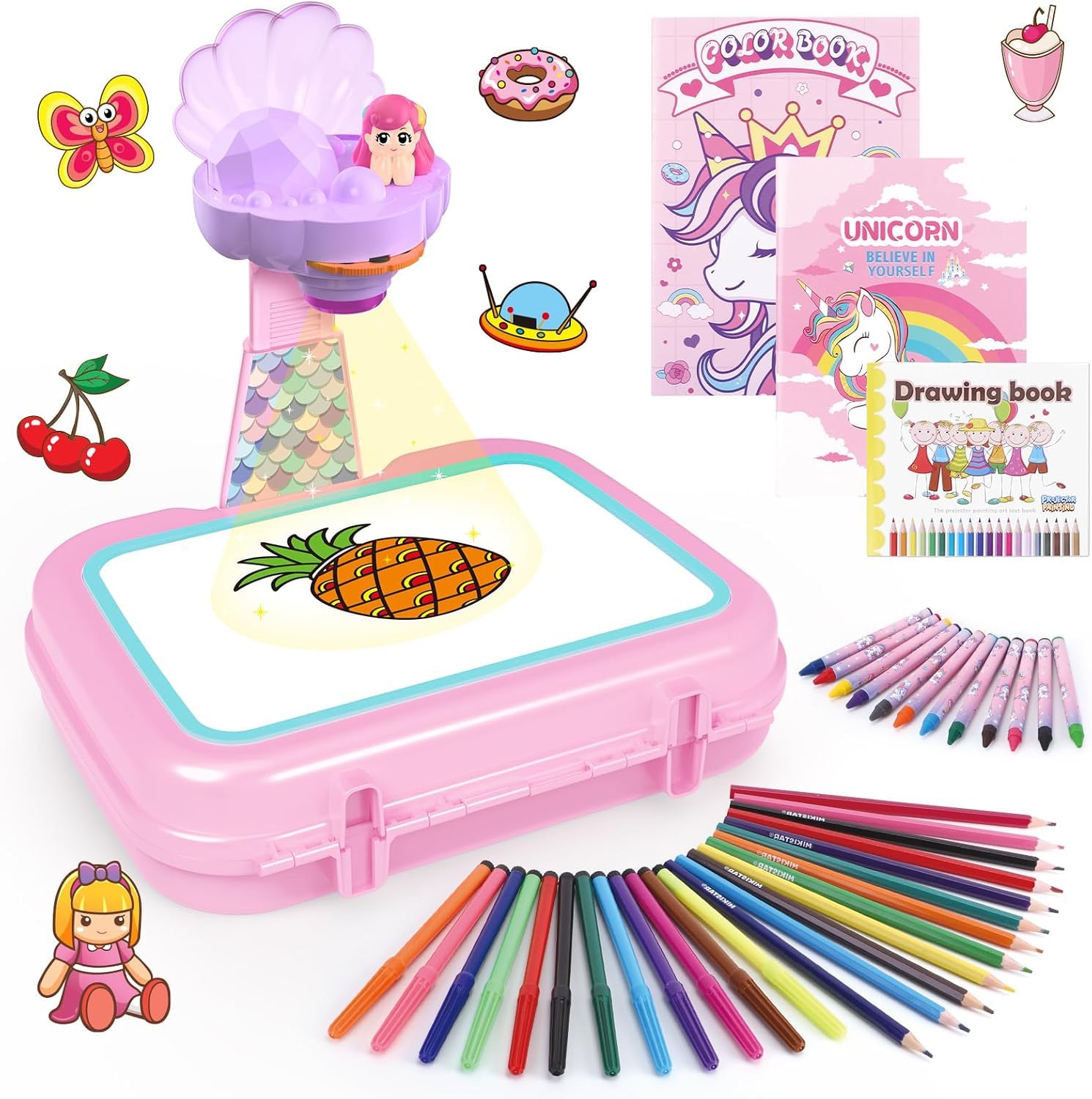 Kids Drawing Projector Arts & Crafts Set, Tracing Pad Drawing Board with Color Pens, Pencils, Crayons and Scrapbook, Fun Educational Toy for 3+ Year Old Girls, Complete Mermaid Kit with Box โ image 1