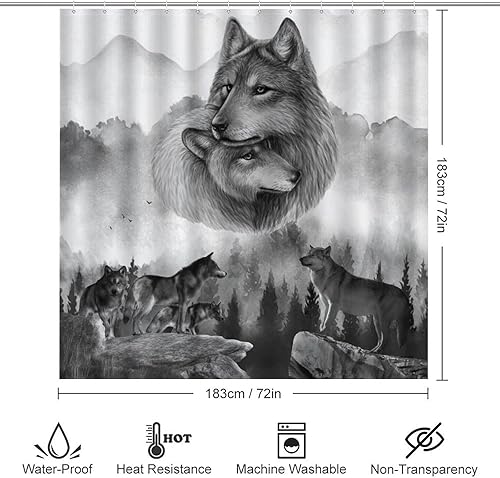 Miniatura 2 de Juego de cortinas de ducha para baño, diseño de lobo y vida silvestre, diseño de lobo brumoso, 3D, antideslizante, impermeable, tapete para inodoro,