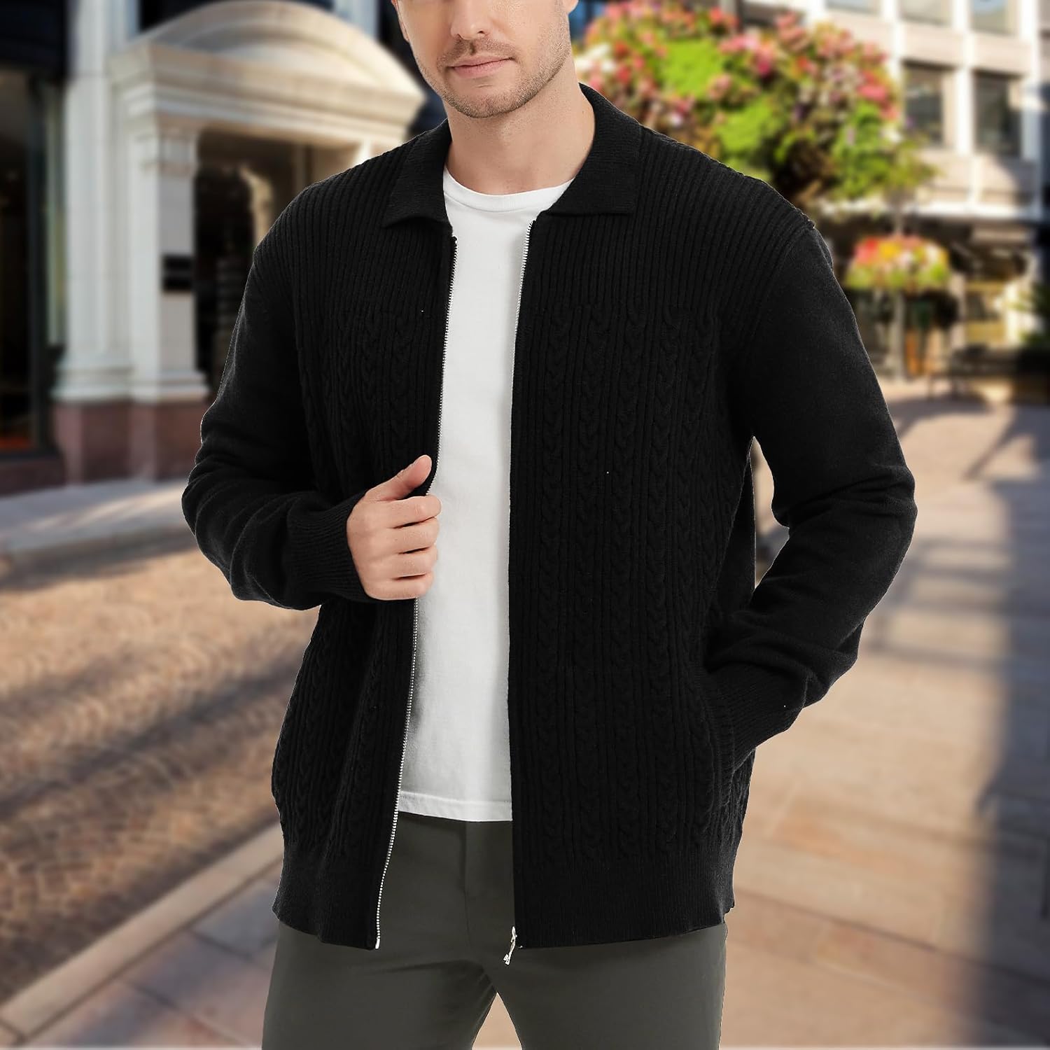 Men's Cardigan Sweaters Slim Full Zip Up Sweater Stand Collar Long Sleeve Cable Knit Cardigans with Two Front Pockets - Image 3