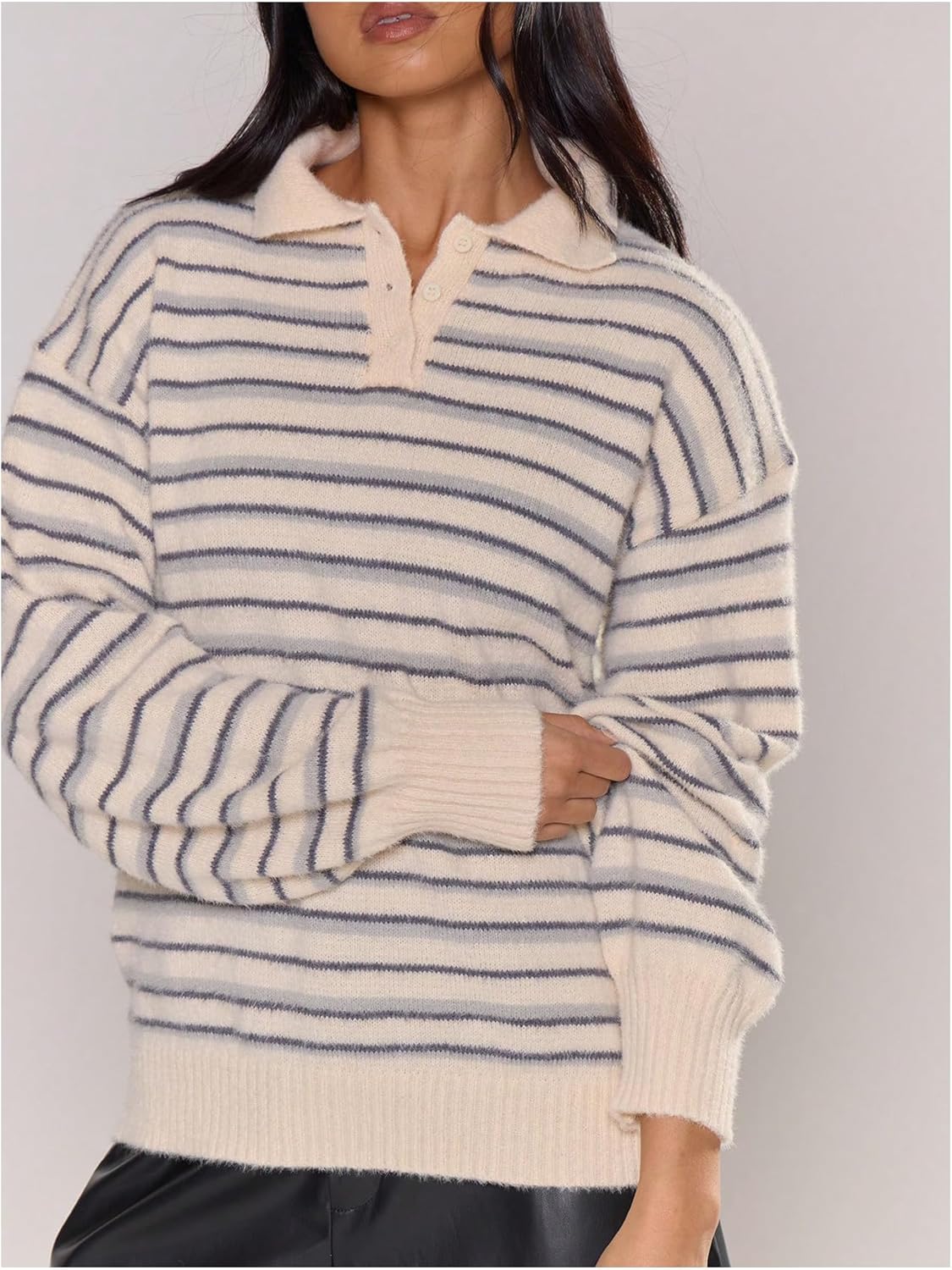 Women's Striped Lightweight Golf Sweaters Long Sleeve Collared Button Loose Fit Pullover Tops - Image 2